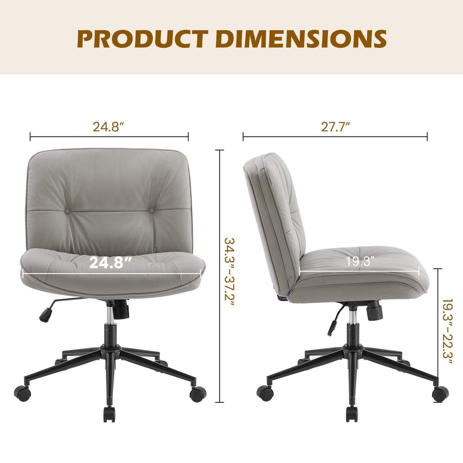 EDX Armless Desk Chair with Wheels, Leather Upholstered Wide Seat Home Office Chair, 130° Rocking Mid Back Computer Chair, Perfect for Office, Bedroom, and Makeup