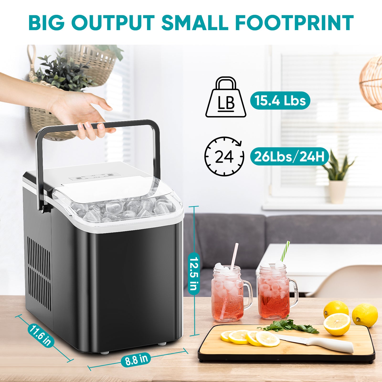 Countertop Ice Maker: 9 Cubes in 6 Minutes, 24lbs in 24 Hours, Dual Sizes, with Scoop & Basket