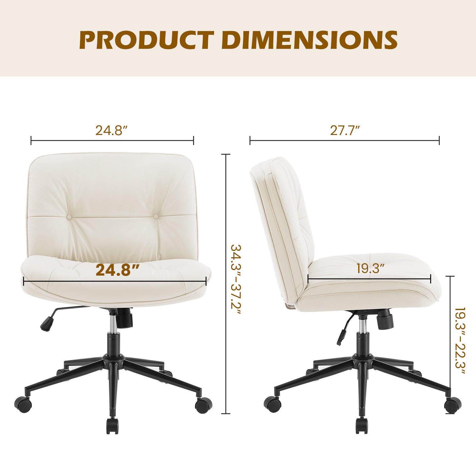 EDX Armless Desk Chair with Wheels, Leather Upholstered Wide Seat Home Office Chair, 130° Rocking Mid Back Computer Chair, Perfect for Office, Bedroom, and Makeup