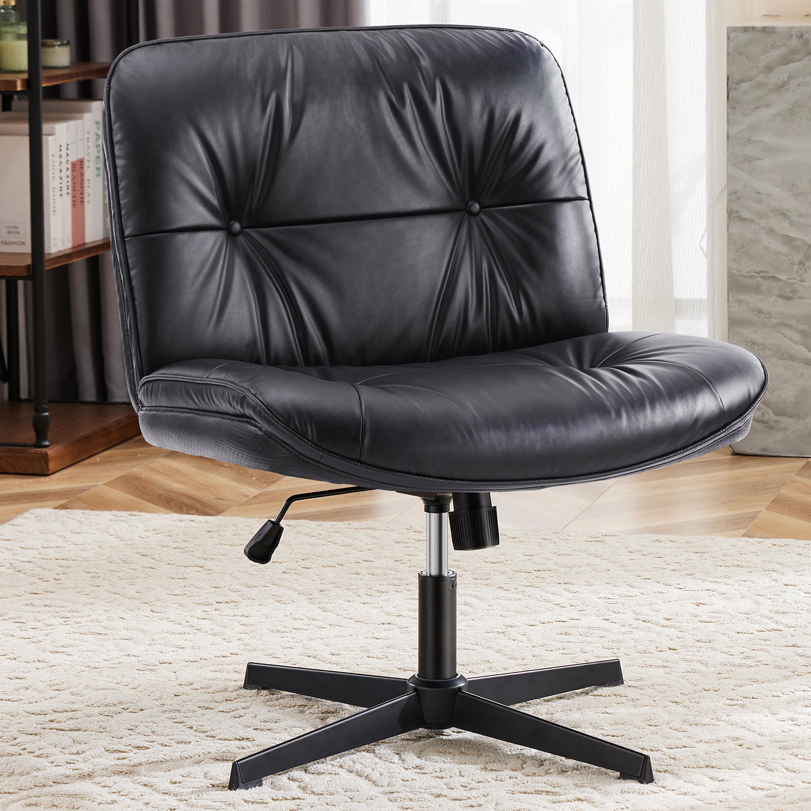 EDX Armless Office Chair without Wheels, Wide Ergonomic Artificial Leather Swivel Chair with Height Adjustable, Comfortable Computer Accent Chair for Living or Bed Room