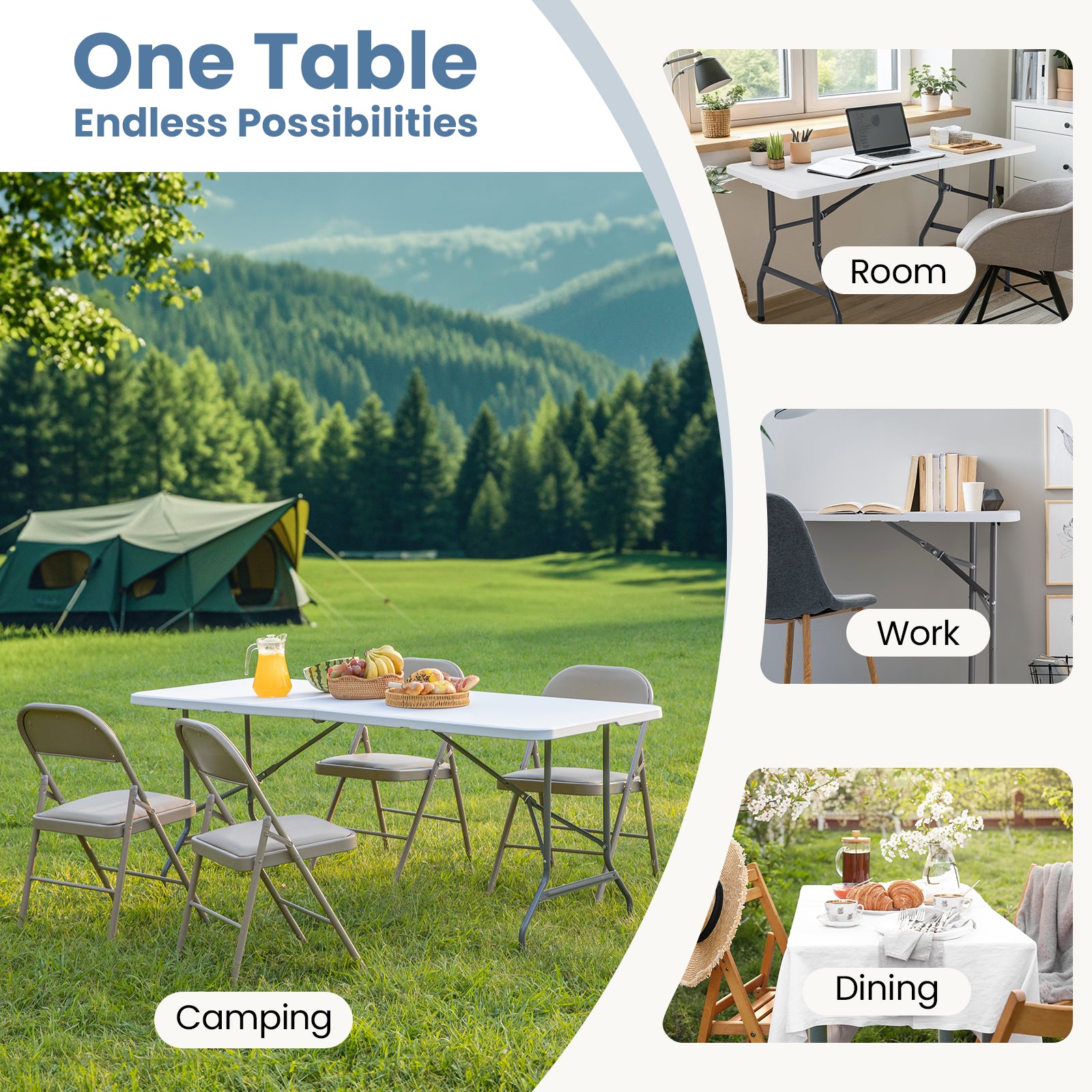 Plastic Folding Table for Indoor and Outdoor Use, Great for Picnics, Camping, Barbecues and Parties, Built-in Carrying Handle, White