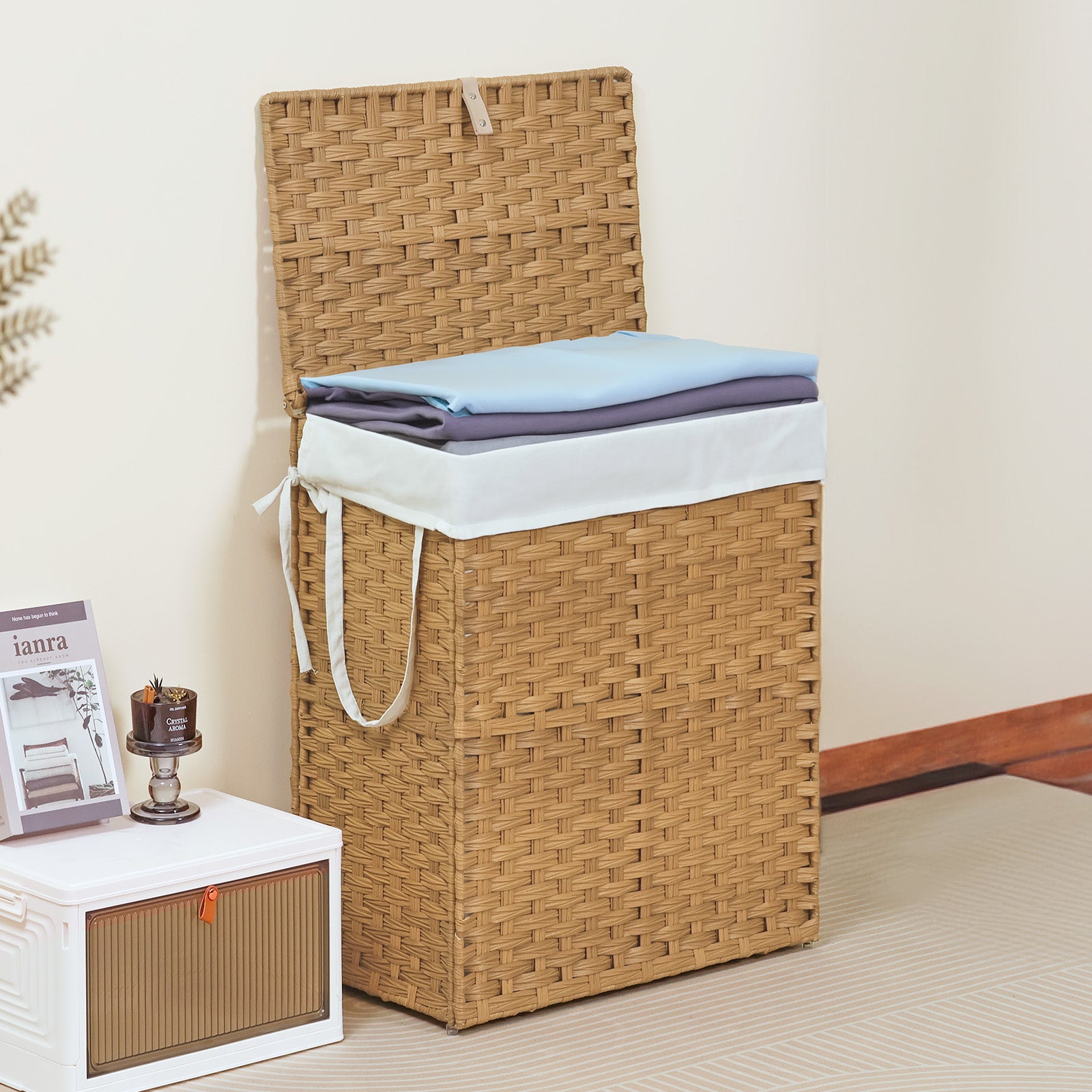 Laundry Hamper with Lid, Hand-Woven PP Rattan Laundry Hamper with Handle, Foldable, Removable Liner, Gray