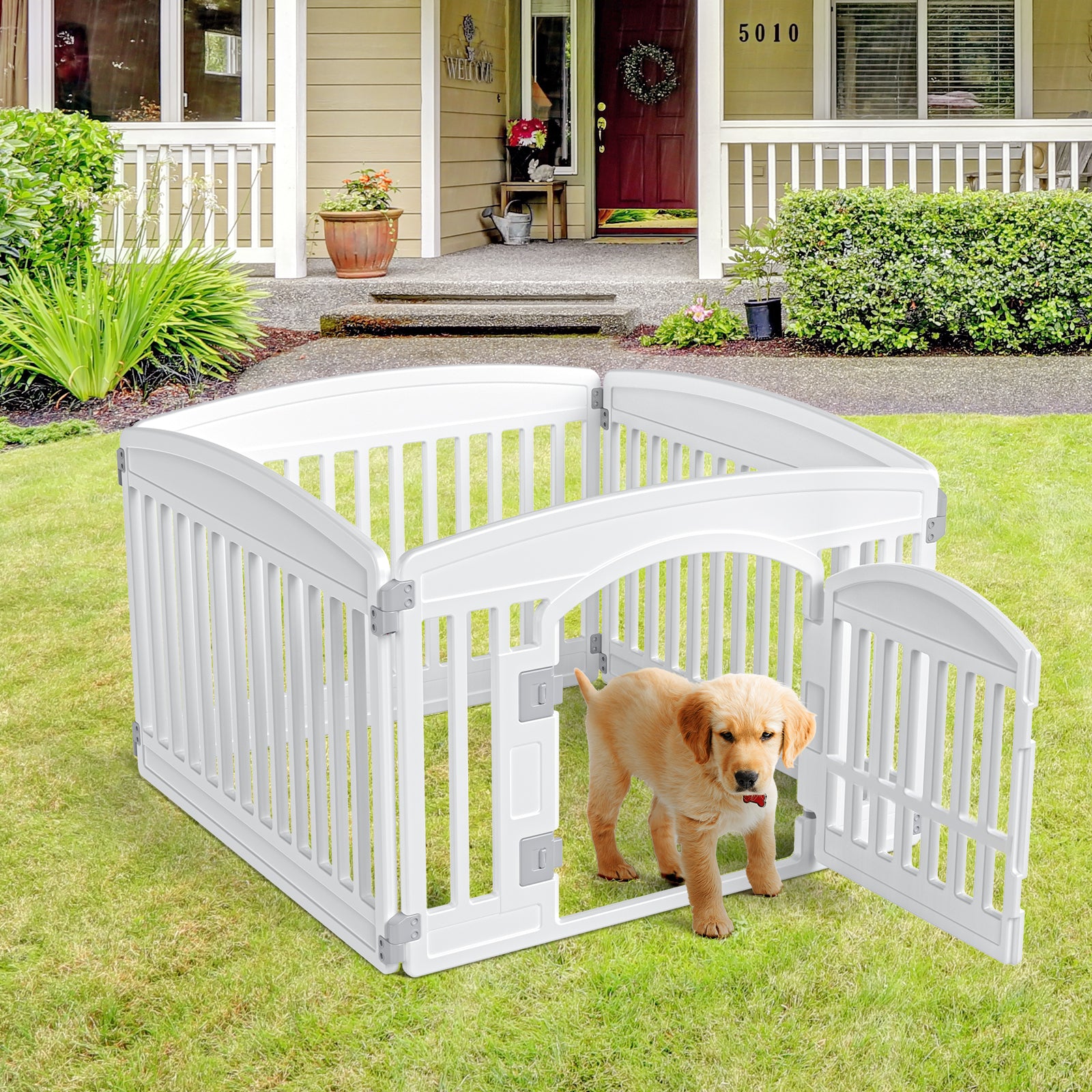 Dog Playpen, 4-Panel 24" Foldable Pet Playpen with Door, Indoor/Outdoor Puppy Pen, Customizable, White