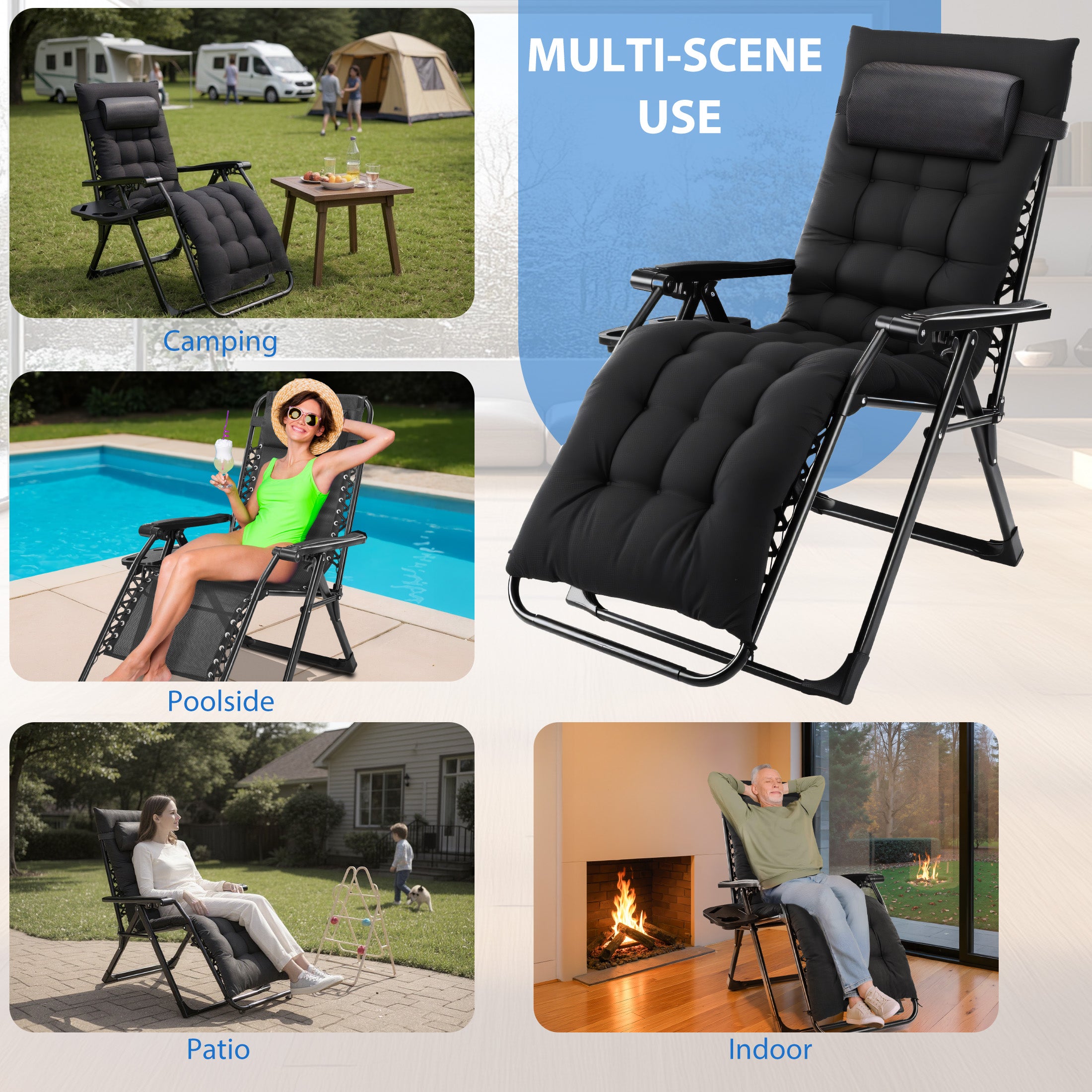 EDX Zero Gravity Chair, Reclining Camping Lounge Chair with Removable Cushion, Headrest and Cup Holder Trays, Folding Patio Recliner for Indoor&Outdoor Use, 440LBS Capacity