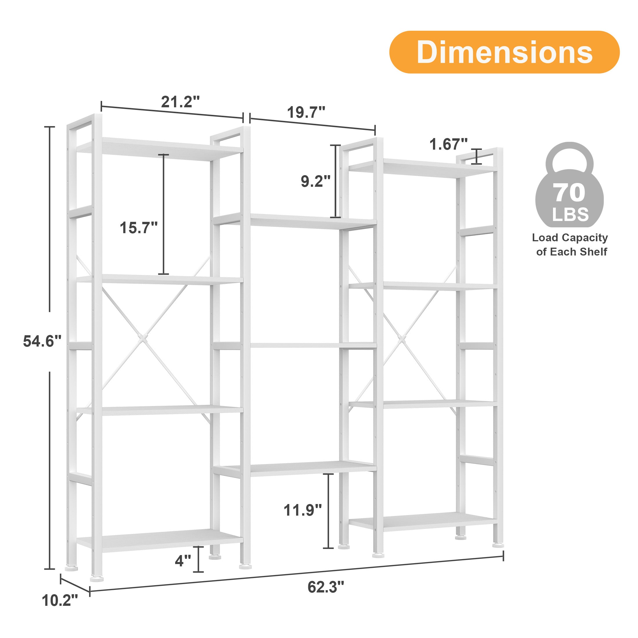 EDX Triple 4 Tier Bookshelf Storage Shelf, Modern Freestanding Bookcase with Metal Frame, Open Display Shelves, Space Saving Storage Organizer