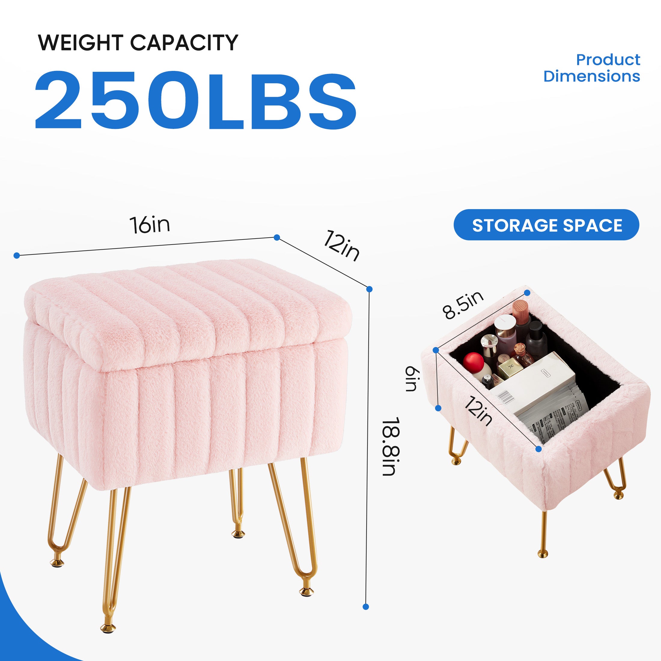 Stool Chair With Storage Space With Non-slip Feet for Powder Room, Bedroom