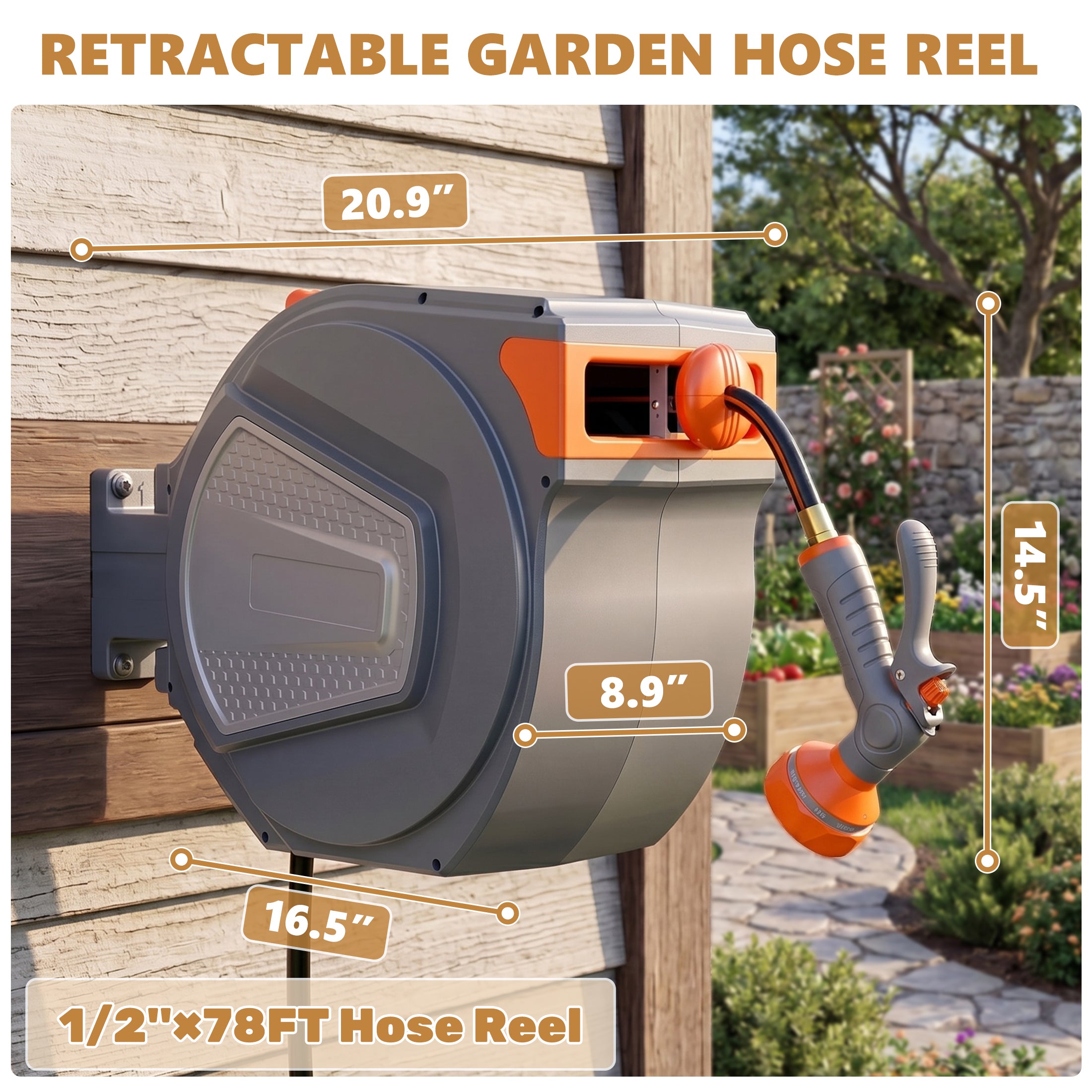 EDX Garden Hose Reel, 1/2 inch Wall-Mounted Hose Storage with Crank Handle for Yard and Garden, Gray
