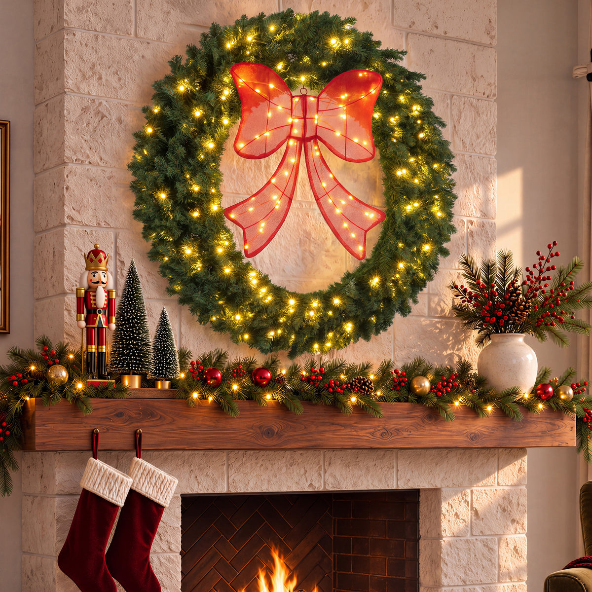EDX Pre-Lit Christmas Wreath, Artificial Pine PVC Wreath with 130 Warm White LED Lights and Decorative Bow, Christmas Door Decor