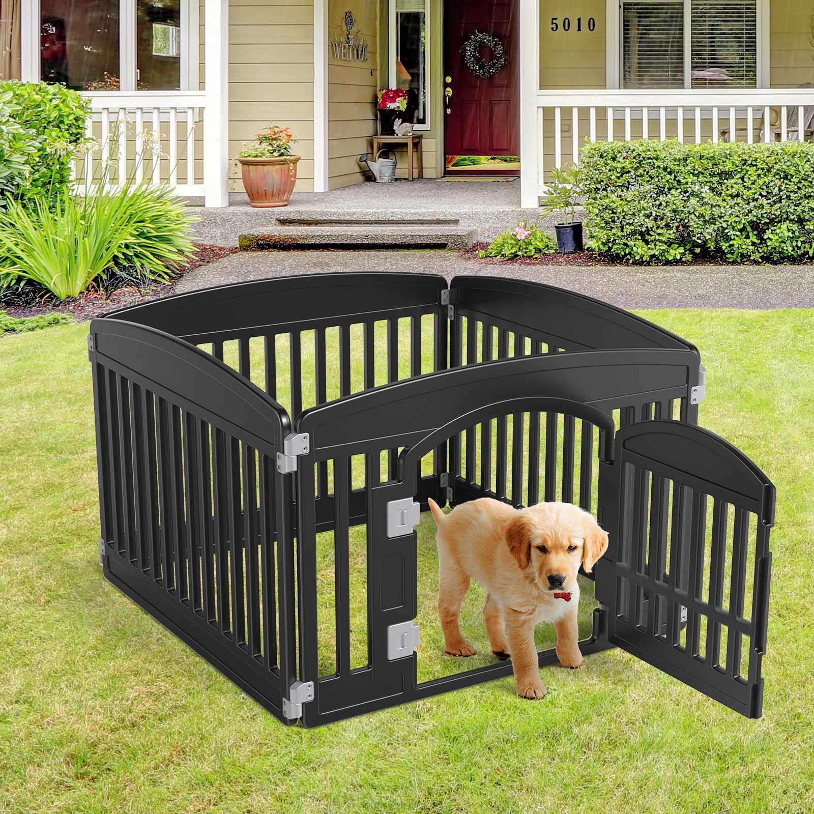 Dog Playpen, 4-Panel 24" Foldable Pet Playpen with Door, Indoor/Outdoor Puppy Pen, Customizable, White