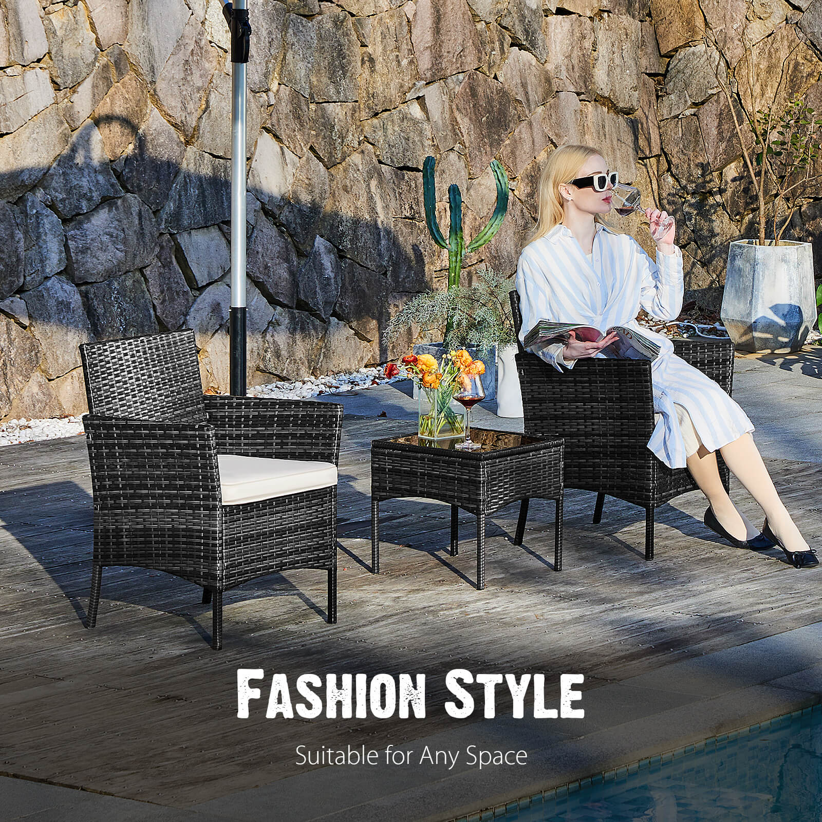 edx 3 Piece Patio Wicker Furniture Set , Patio Chair w/ Table w/ Cushions, Simple Modern Comfort