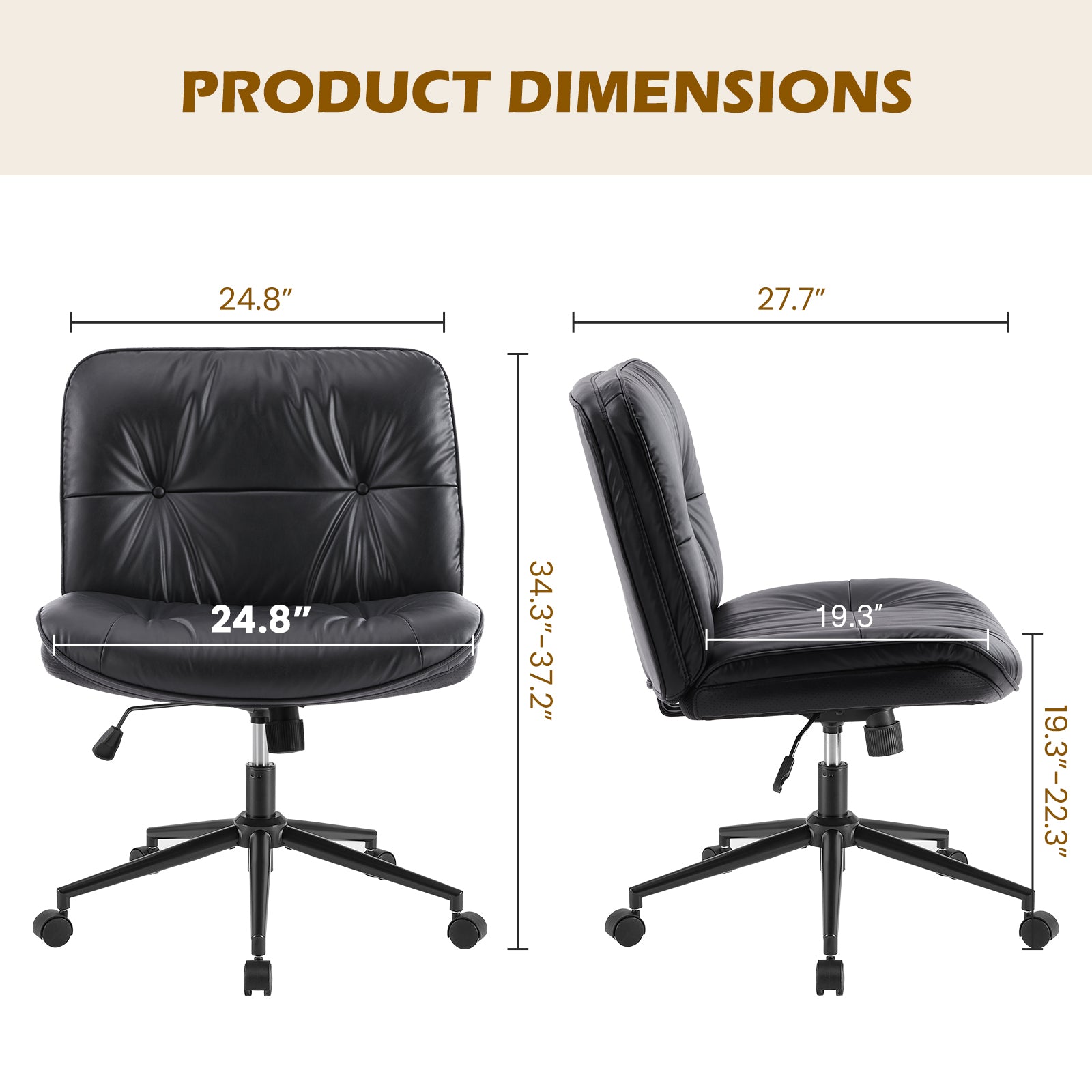 EDX Armless Desk Chair with Wheels, Leather Upholstered Wide Seat Home Office Chair, 130° Rocking Mid Back Computer Chair, Perfect for Office, Bedroom, and Makeup