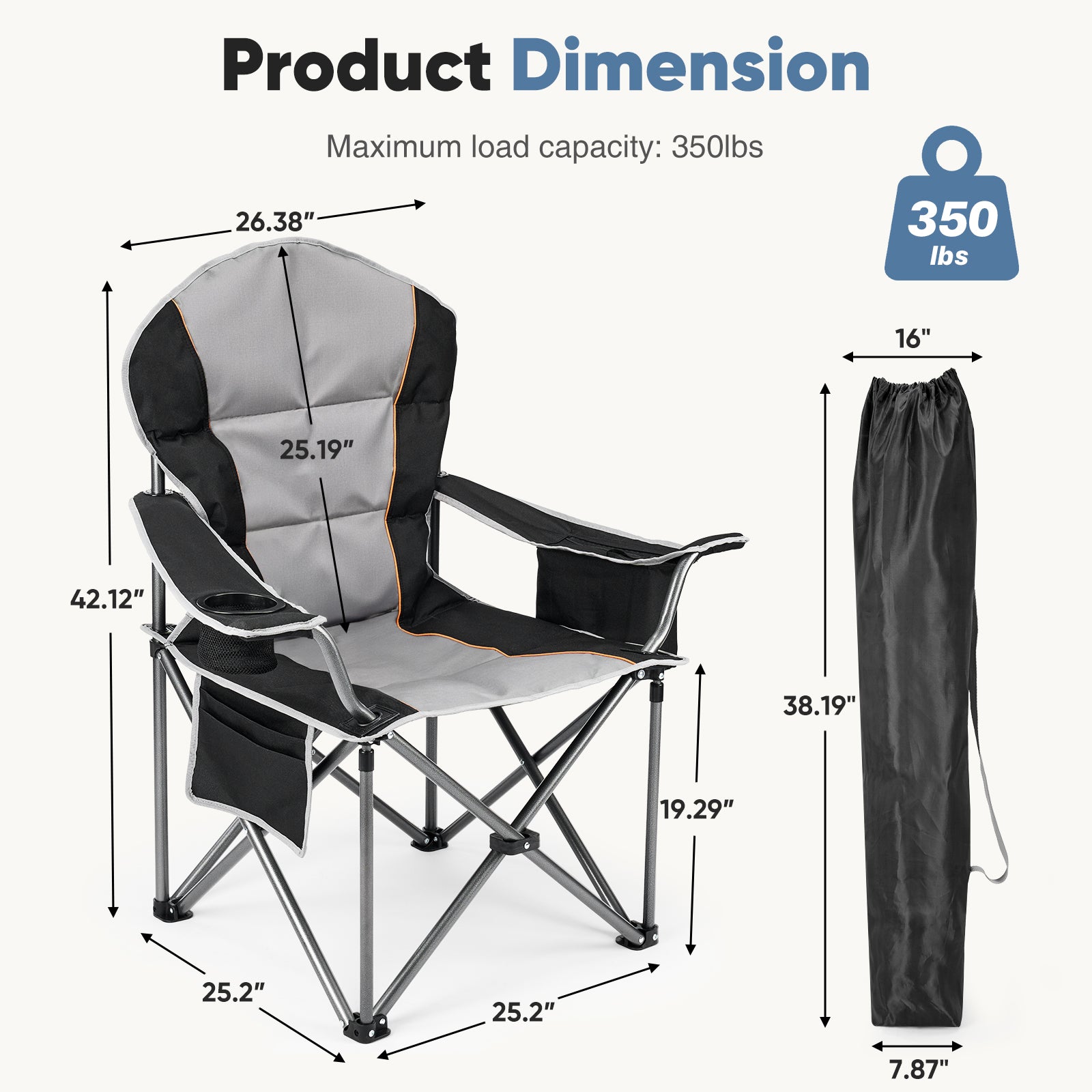 edx Oversized Camping Folding Chair, Heavy Duty Padded Chair with Cup Holder Storage and Cooler Bag, 5000 LBS Steel Frame, Portable for Outdoor