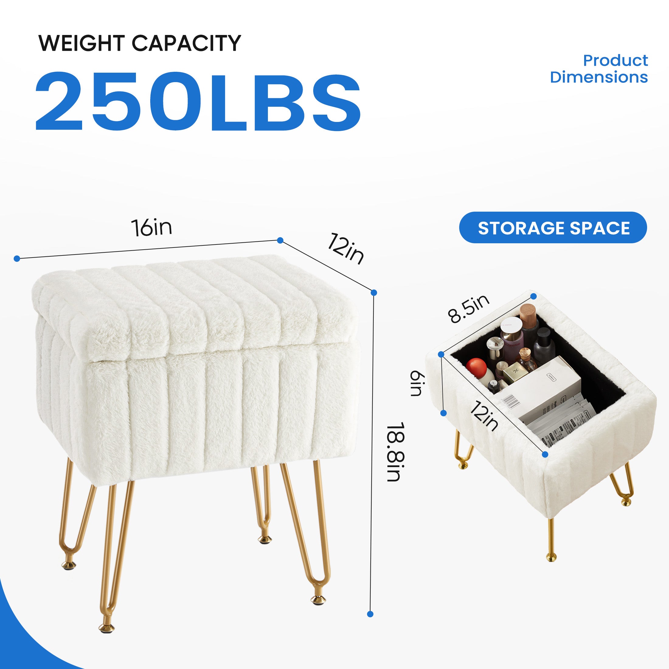 Stool Chair With Storage Space With Non-slip Feet for Powder Room, Bedroom