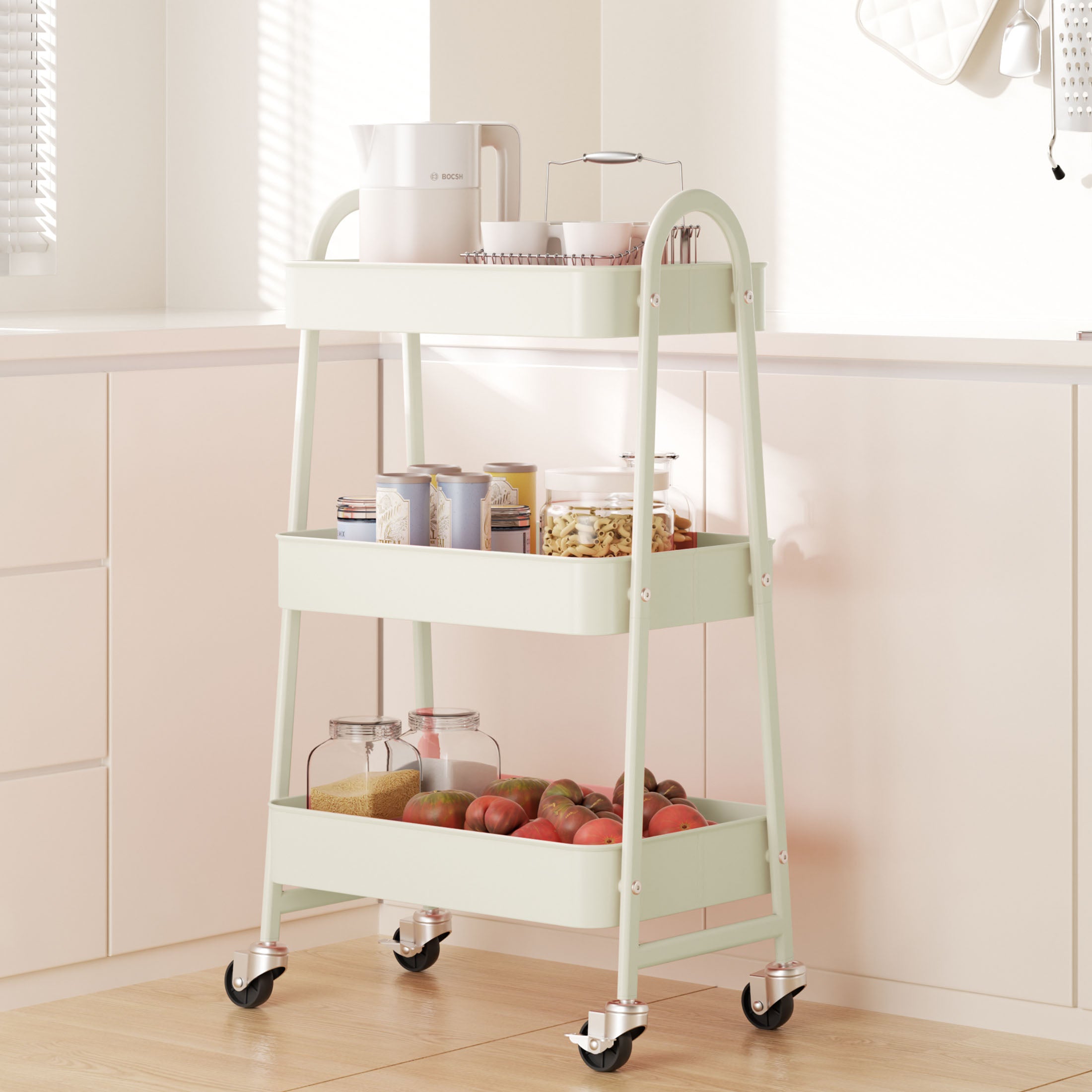 3 Tier Rolling Cart, Metal Utility Cart Storage Organizer with Lockable Casters, Multi-Functional Mesh Rolling Storage Cart for Kitchen Office