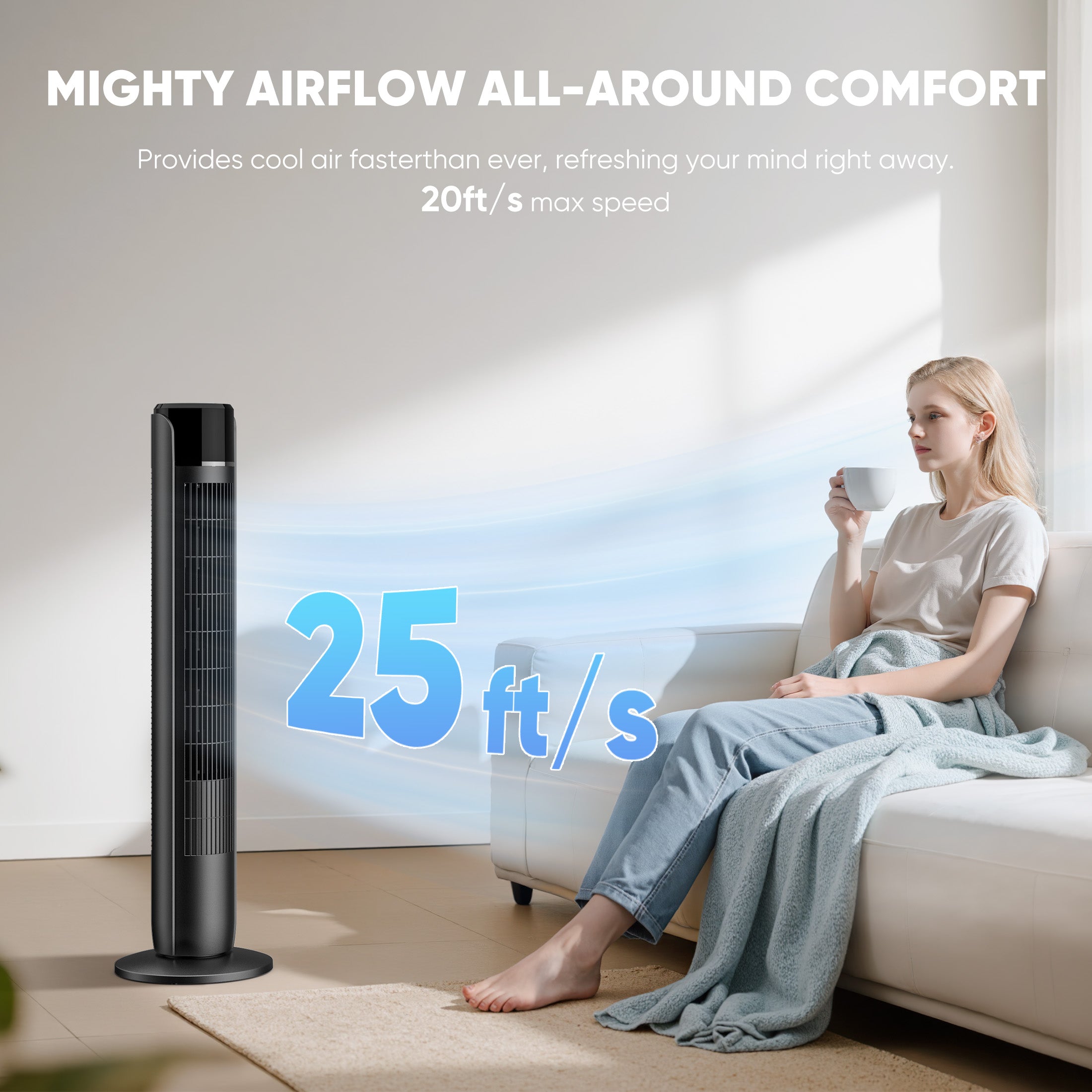EDX Tower Fan for Home, 36" Standing Floor Fan, 25 ft/s Bladeless Fan Cold Air, 28dB Quiet for Sleep, Remote, 60° Oscillation, 12H Timer, 5 Speeds, 4 Modes, LED Display，Black