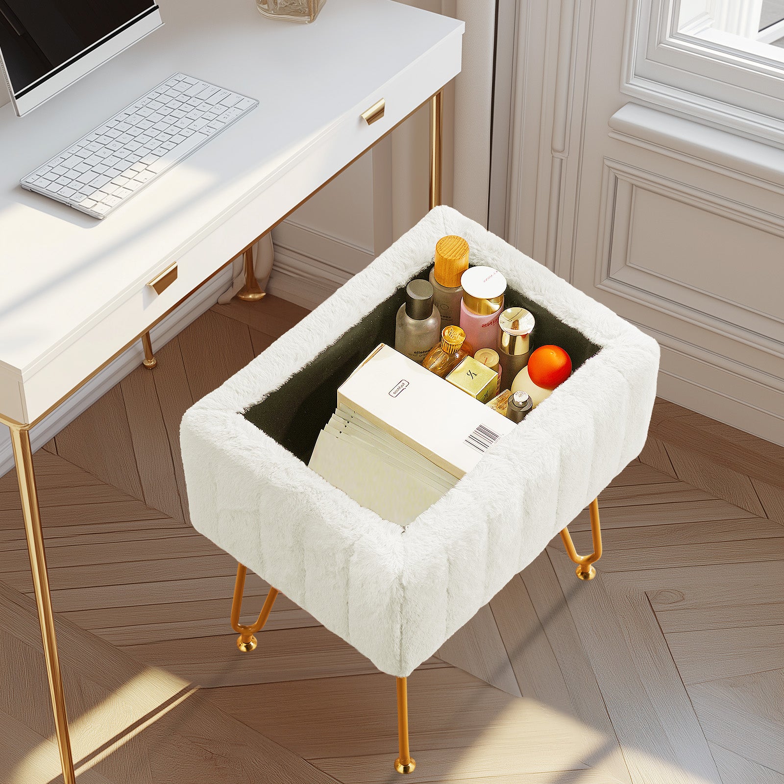 Stool Chair With Storage Space With Non-slip Feet for Powder Room, Bedroom