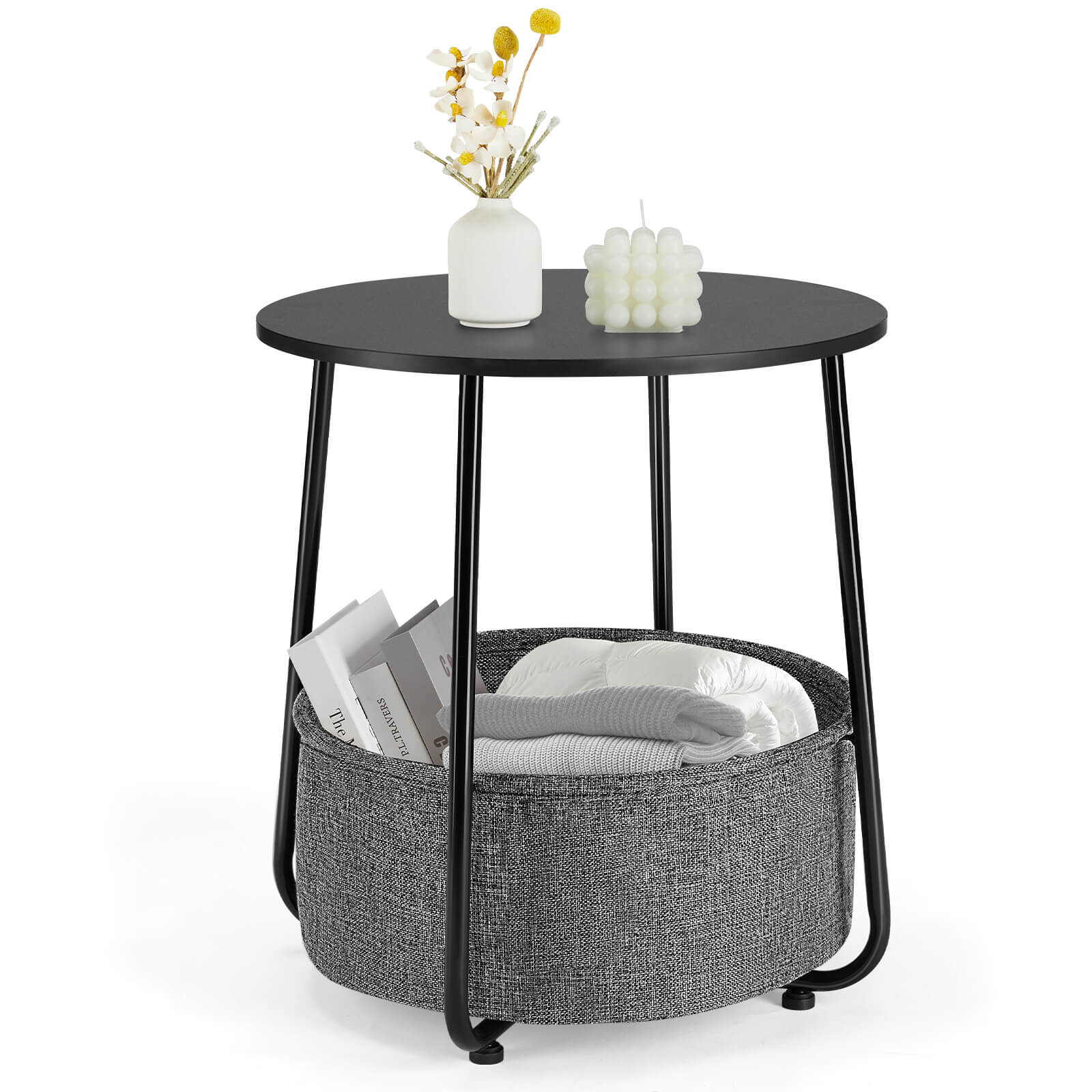 Compact nightstand, sofa side table, can be used in living room, nursery room, bedroom, comes with fabric basket for easy storage