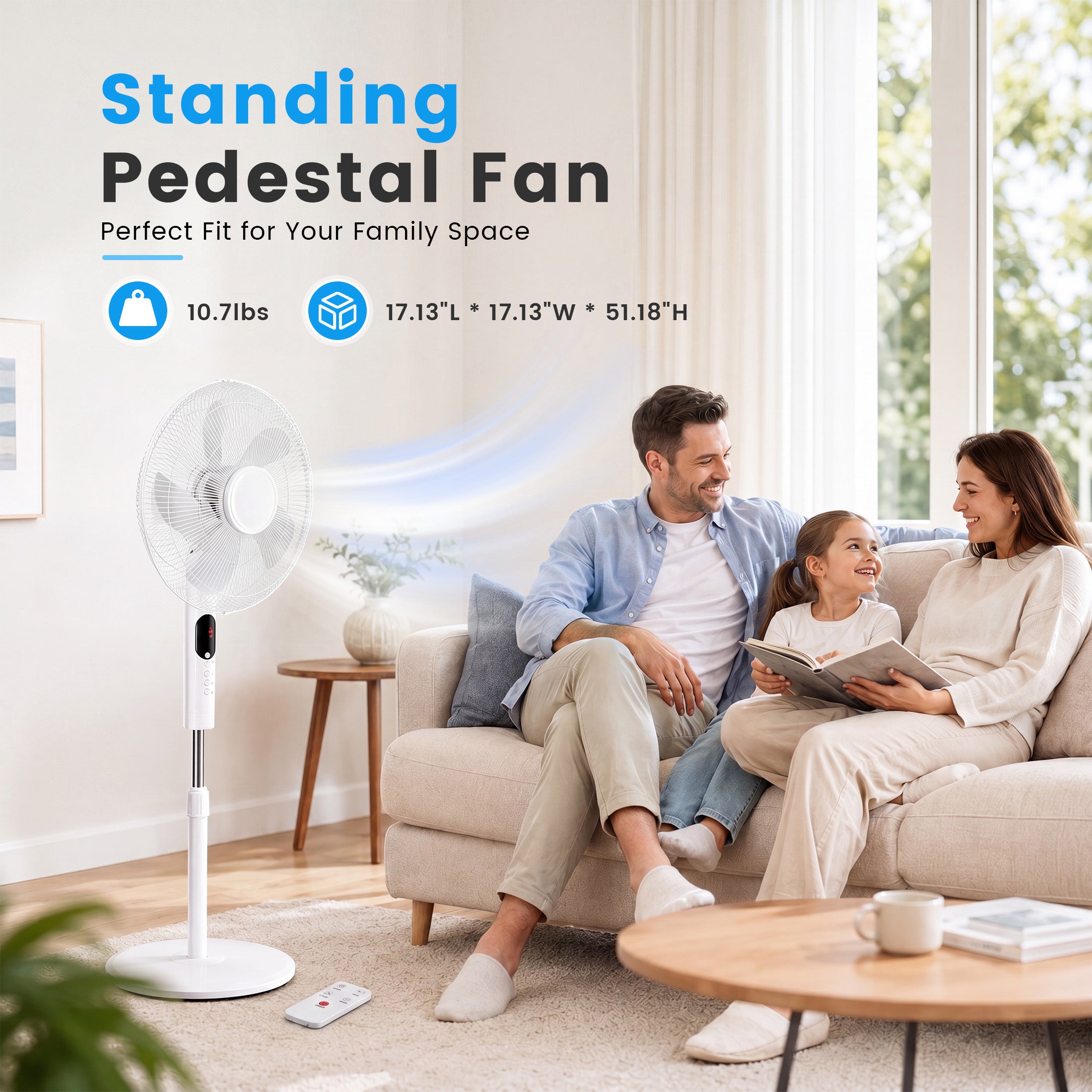 EDX 16" Quiet Pedestal Fan with Remote – 60W Energy-Saving Motor, 15H Timer, 3 Speeds & 3 Wind Modes, 80° Oscillation, Adjustable Height & Tilt for Bedroom, Home Office, and Living Spaces