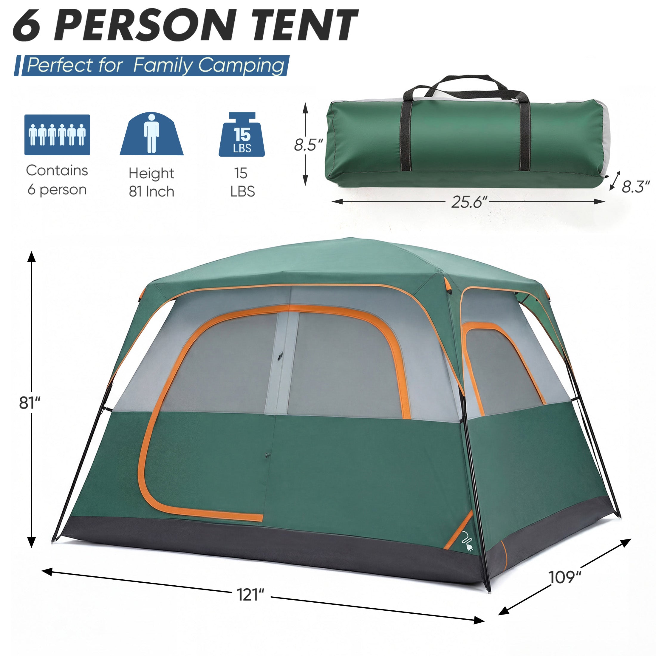 EDX 6 Person Waterproof & Windproof Family Camping Tent with Large Interior, Easy Setup Cabin Tent with Mesh Windows & Skylights, Portable Outdoor Tent for Car Camping, Hiking, Fishing