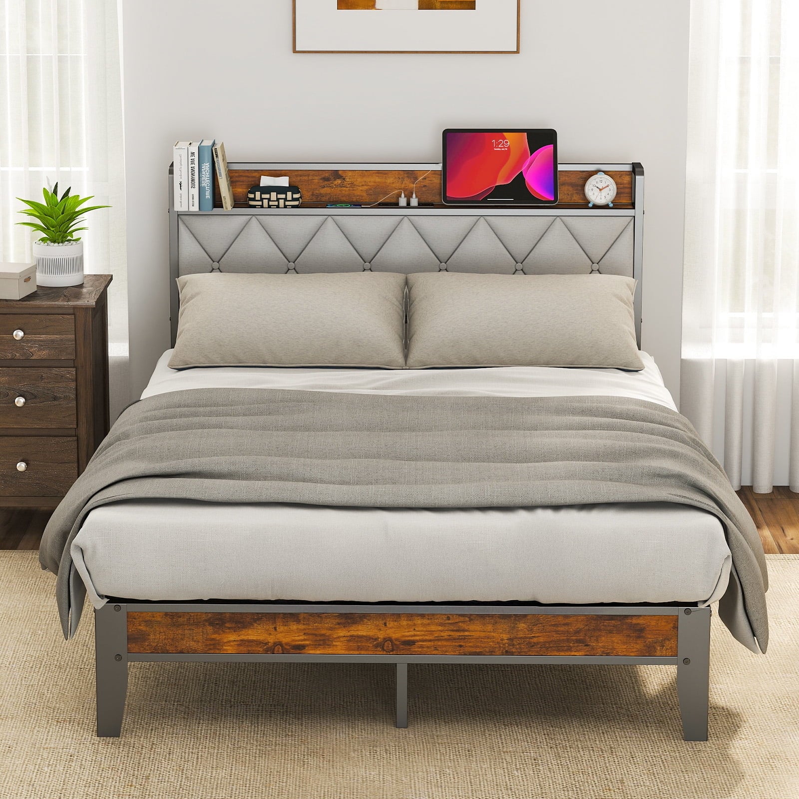 EDX Bed Frame with 4 Storage Drawers,Platform Bed with Headboard,LED Lights and Electricity,for Household,Bedroom