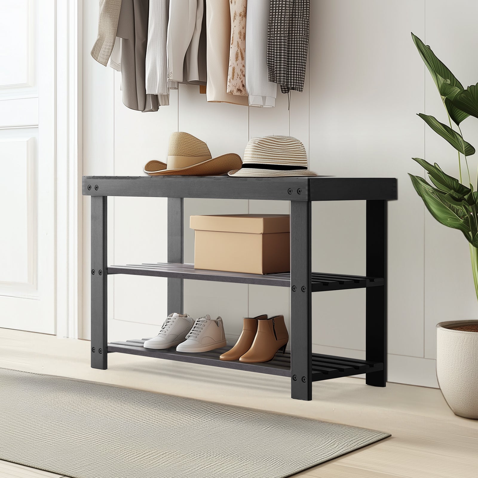 3-Tier Bamboo Shoe Rack Bench, 11.3 x 27.6 x 17.8 Inches Compact Storage Organizer with 286lb Capacity for Entryway, Bedroom and Living Room