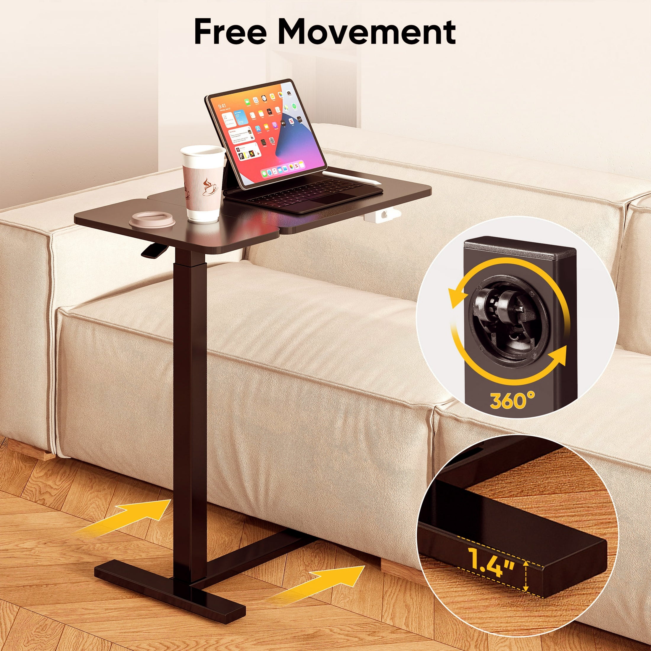 ZUNMOS Overbed Bedside Lap Desk with Wheels and Tilt Top, Mobile Standing Lap Desk Pneumatic Adjustable Height for Home Office Bedroom Sofa