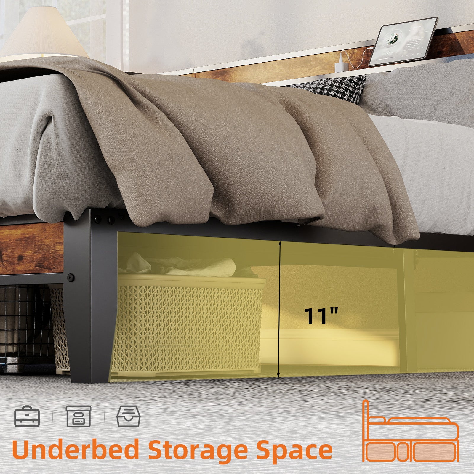 EDX Bed Frame with Headboard Integrated Charging Station, Spacious Underbed Storage,Simple No-Tool Assembly, No Box Spring Required