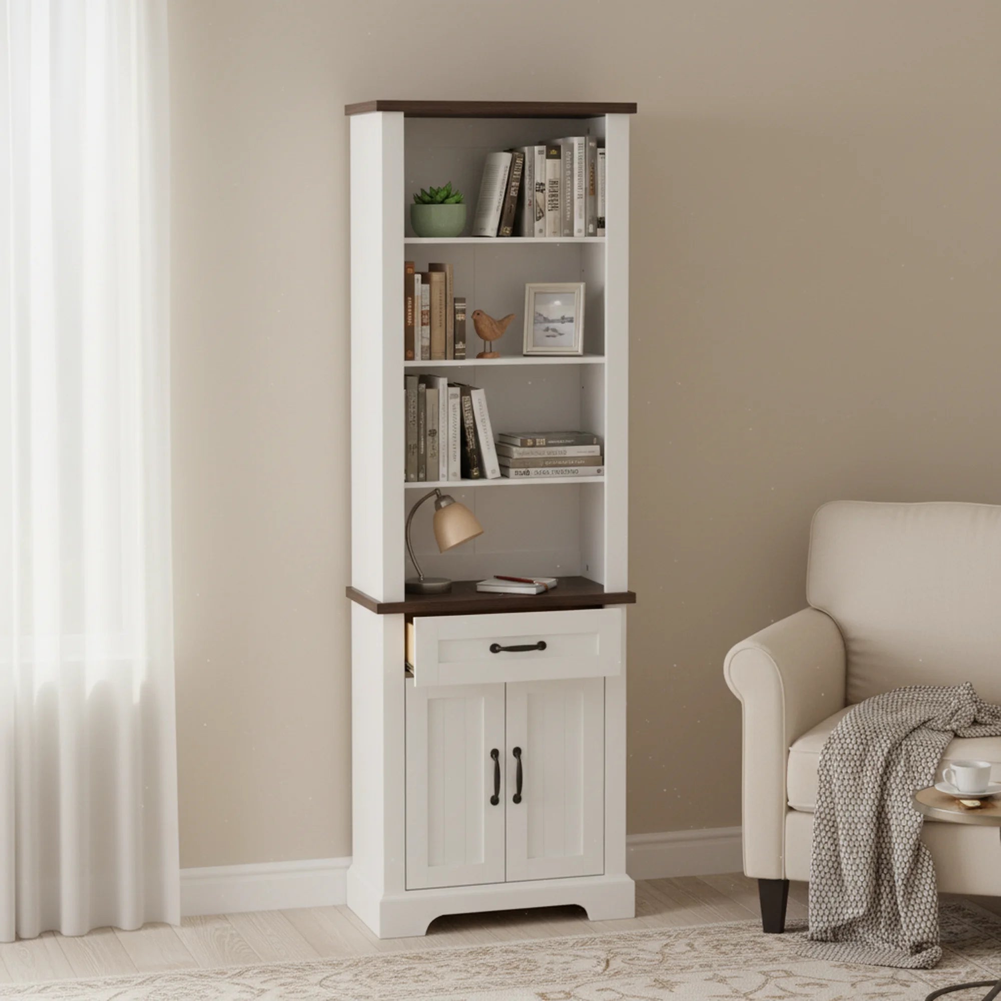 EDX 72" Wood Bookshelf with 2 File Drawers, Adjustable 4 Shelves for Home Office or Living Room Storage , White