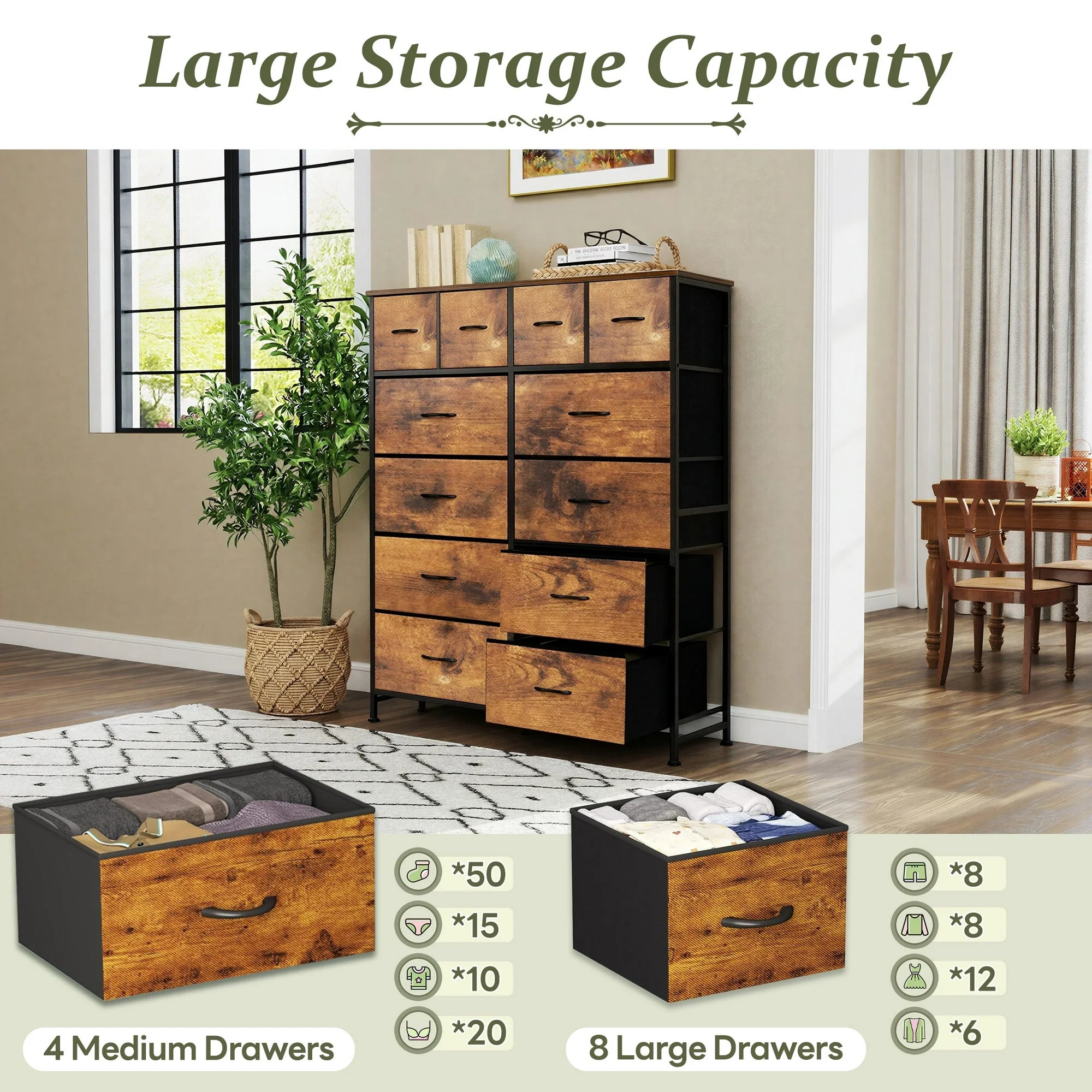 edx Tall Dresser with 12 Drawers, Steel Frame and Wood Top, Storage Organizer for Living Room, Hallway, Office