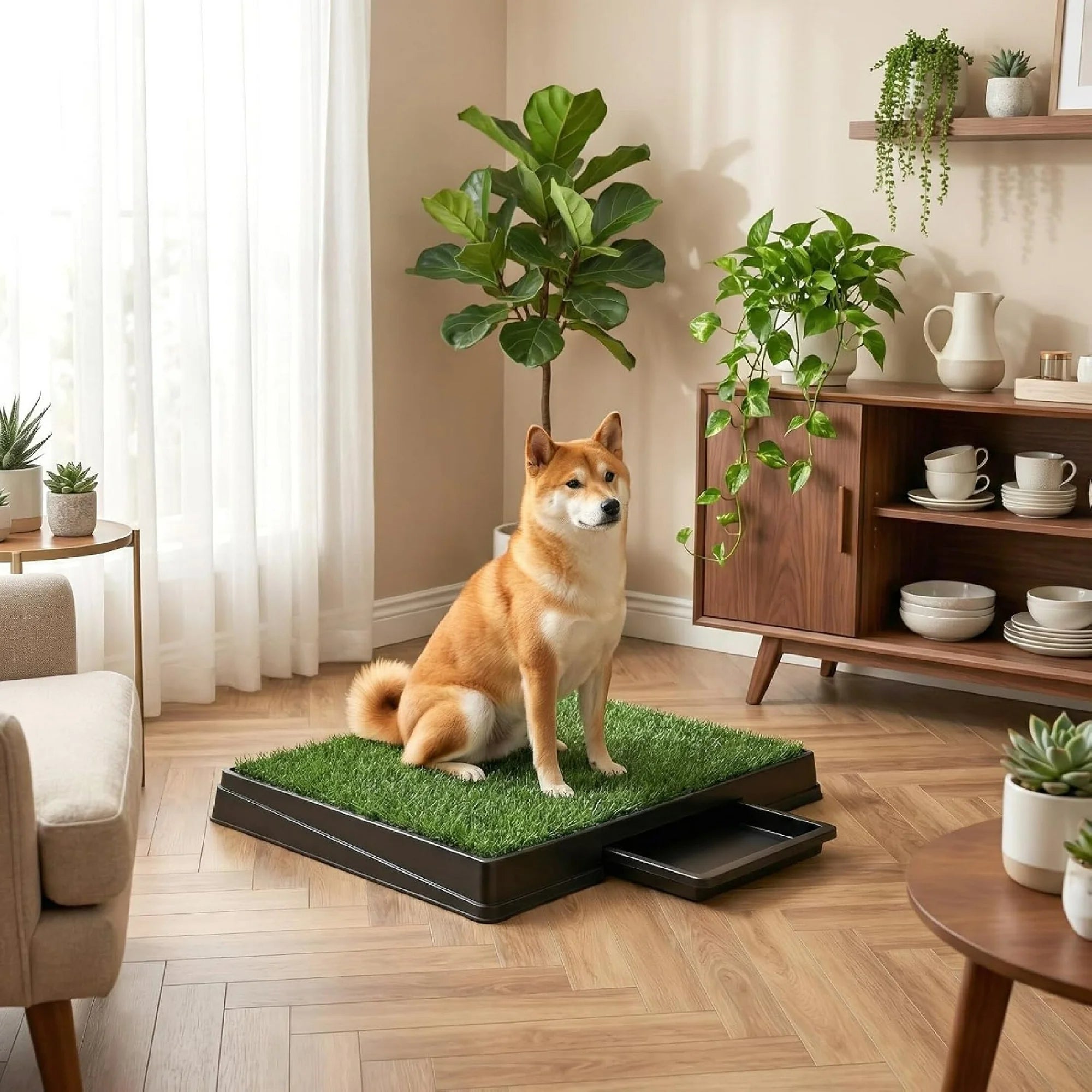 edx Dog Grass Pad with Tray, 25" x 20" Artificial Turf Grass Potty, Reusable Puppy Pee Pads for Dogs, Portable, Easy Clean with Drainage Holes, For Indoor/Outdoor Potty Training Toilet, Green & Black