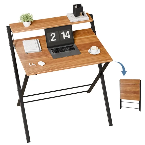 EDX Small Folding Desk with Shelf, No Assembly Compact Computer Table for Narrow Spaces, Portable Study Workspace for Bedroom and Office