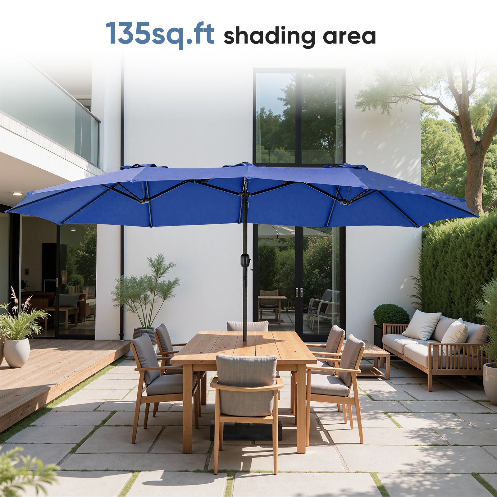 edx 15ft Large Patio Umbrellas (Base Included), Outdoor Double-Sided Rectangle Market Umbrella with Stand for Poolside, Lawn, and Backyard