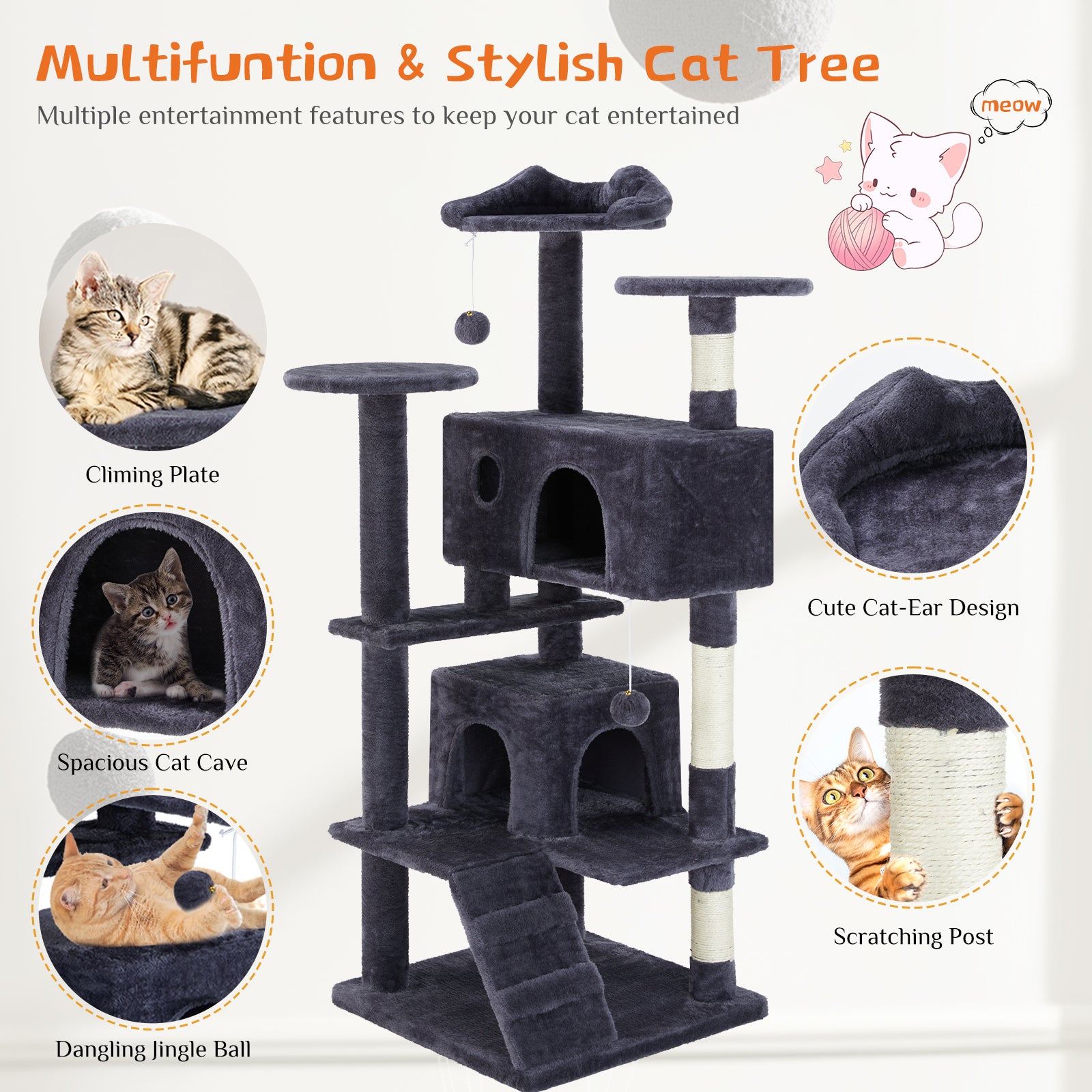 54'' Cat Tree Tower for Indoor Cats, Multi-Level Pet Furniture with Sisal Scratching Post, Large Cozy Condo, Climbing Ramp, Kitten Toy, Dark Grey