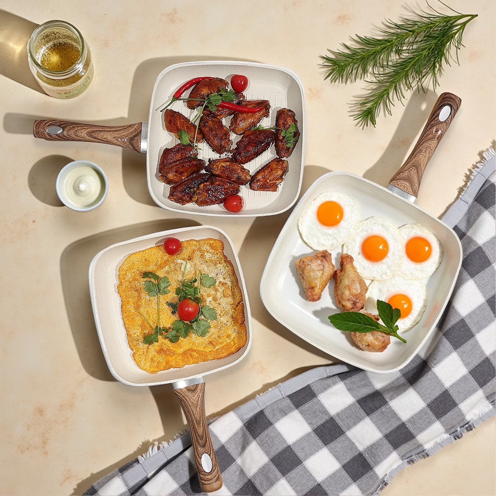 EDX 3 Piece Nonstick Grill Pans, Square Frying Pans Set with Stay Cool Handle ,for Indoor Outdoor RV Camping Cooking