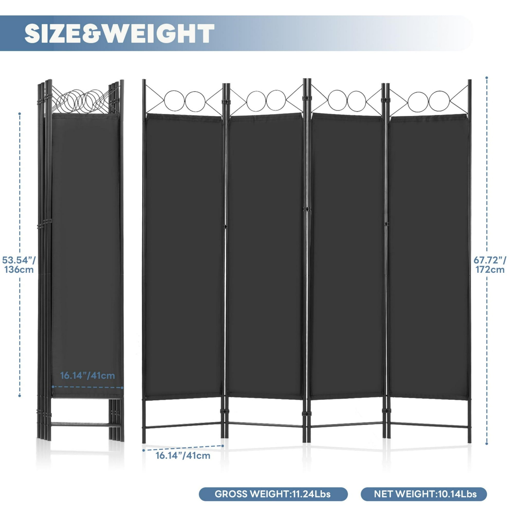 EDX 4 Panel Partition Room Divider, 6 Ft Tall Folding Privacy Screen with Steel Frame, Freestanding, Easy Move & Storage, For Home, Office, Bedroom, Black