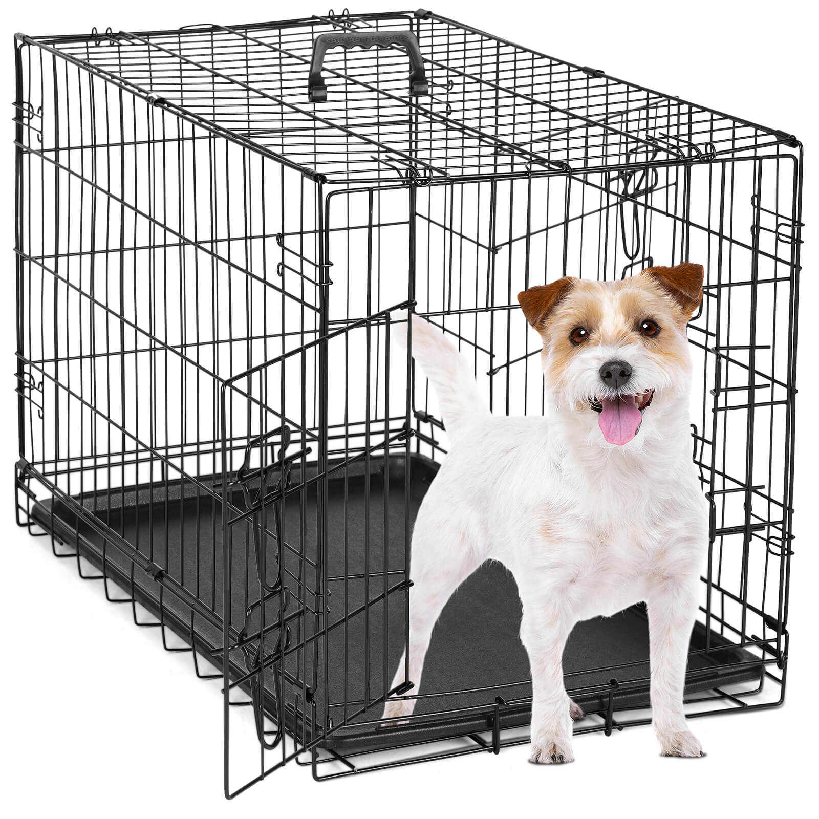 Mayoume Dog Crate-24/30/36/42/48 inch, Double Door Dog Cage with Divider Panel and Plastic Leak-Proof Pan Tray, foldable, easy to carry, suitable for indoor, outdoor, travel use