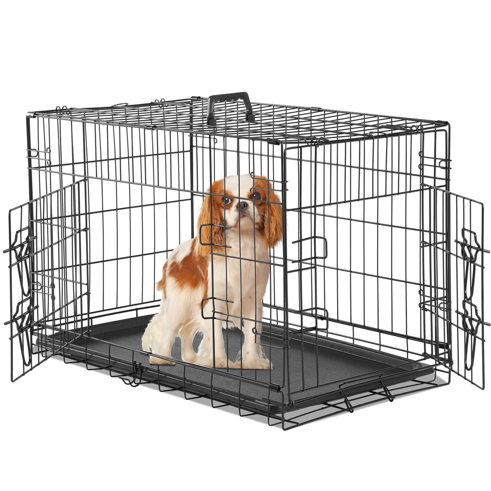 Mayoume Dog Crate-24/30/36/42/48 inch, Double Door Dog Cage with Divider Panel and Plastic Leak-Proof Pan Tray, foldable, easy to carry, suitable for indoor, outdoor, travel use