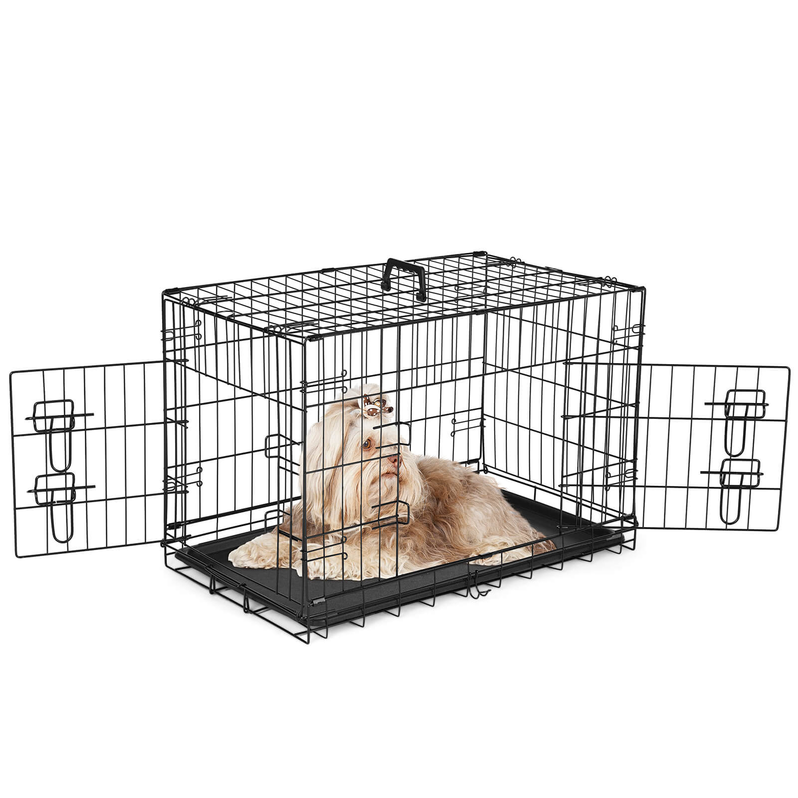 Mayoume Dog Crate-24/30/36/42/48 inch, Double Door Dog Cage with Divider Panel and Plastic Leak-Proof Pan Tray, foldable, easy to carry, suitable for indoor, outdoor, travel use