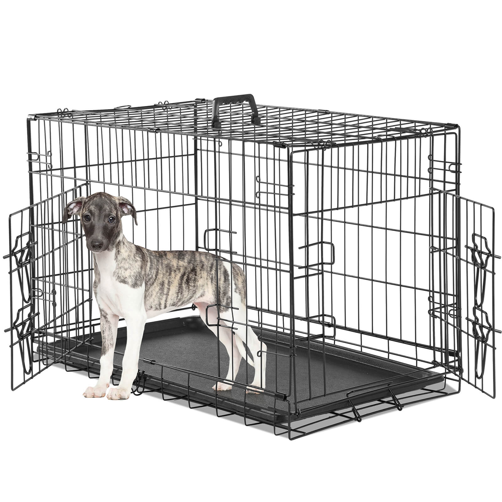 Mayoume Dog Crate-24/30/36/42/48 inch, Double Door Dog Cage with Divider Panel and Plastic Leak-Proof Pan Tray, foldable, easy to carry, suitable for indoor, outdoor, travel use