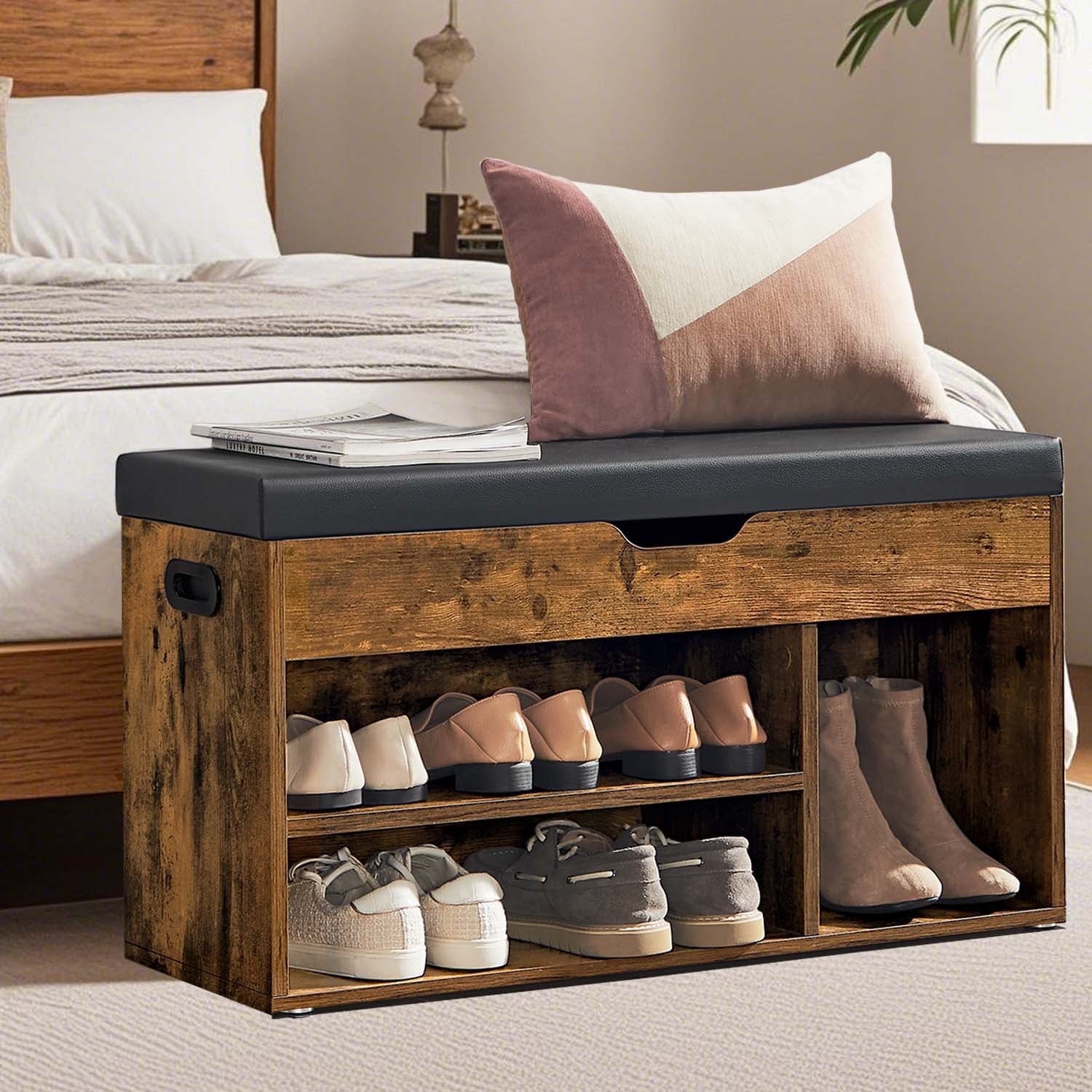 EDX Storage Bench with Cushion, Shoe Bench with Hidden Storage, 3 Compartments, Rust and Black