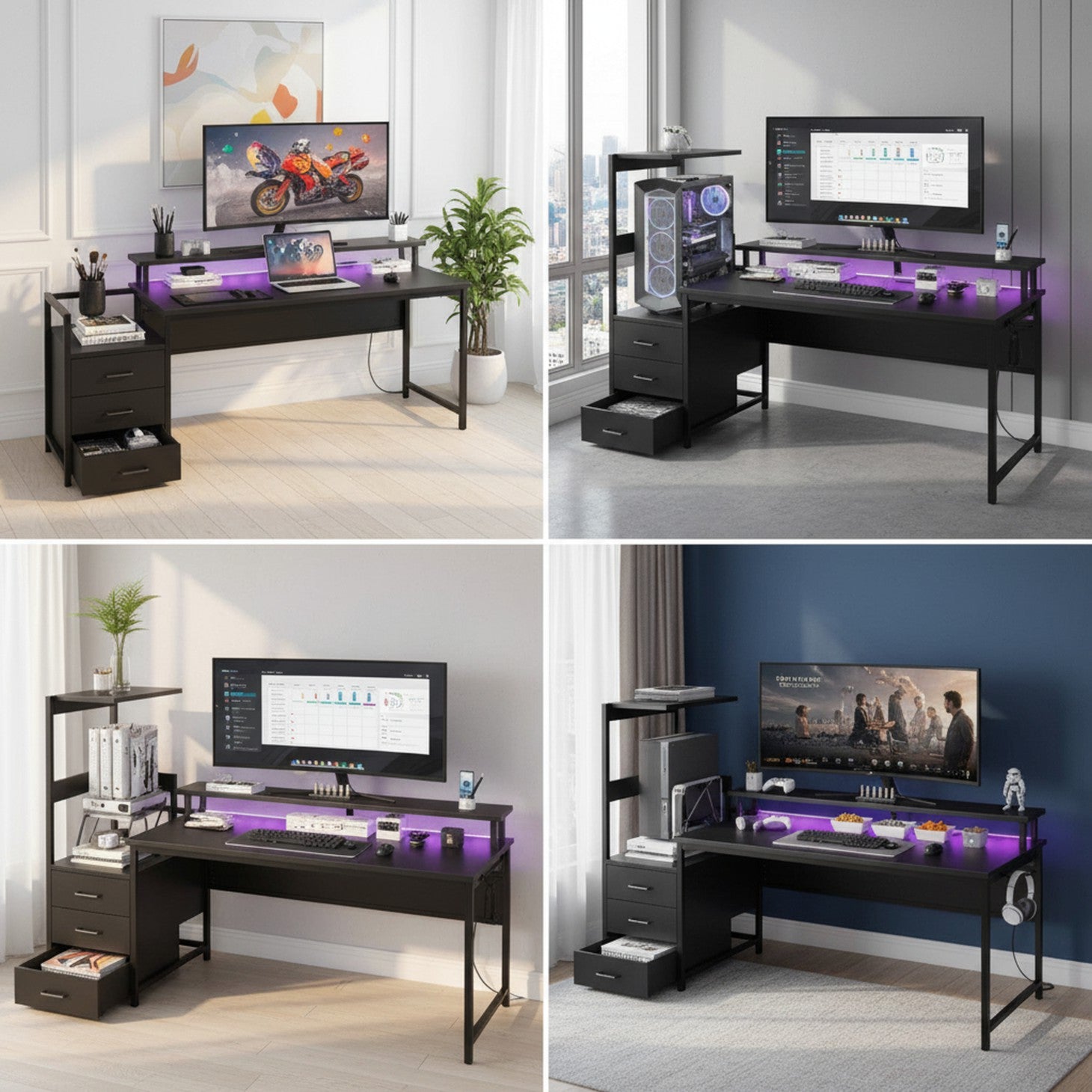 Edx Gaming Desk with Hutch & 3 Fabric Drawers, Computer Desk with USB Ports & LED Lights, Reversible Pc Gamer Table with Monitor Stand for Home Office