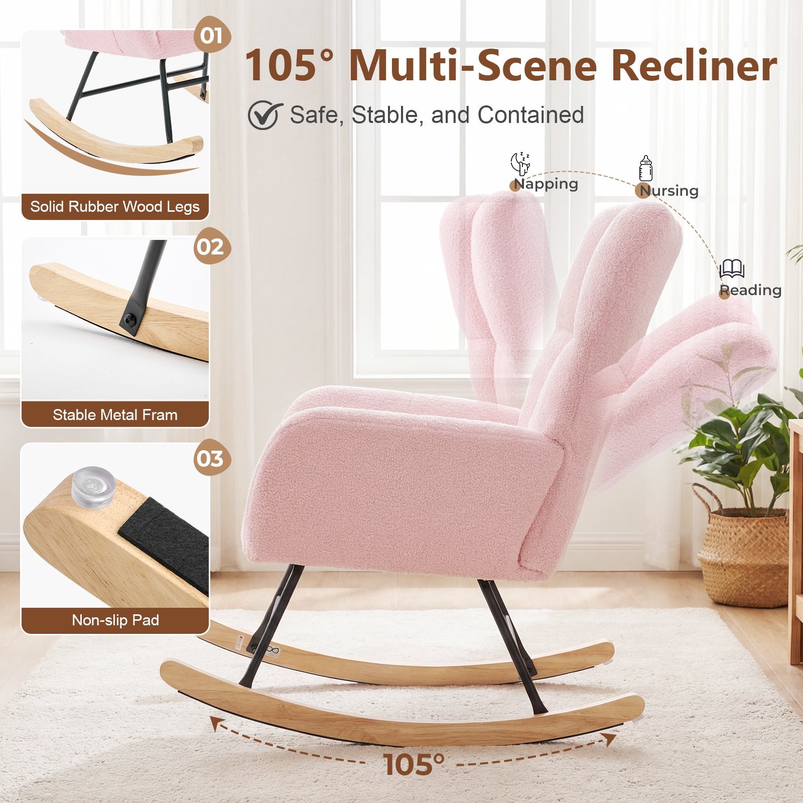EDX Teddy Upholstered Rocking Accent Chair with Winged Back, Cozy Indoor Glider Seat for Reading, Bedroom, Living Room or Office