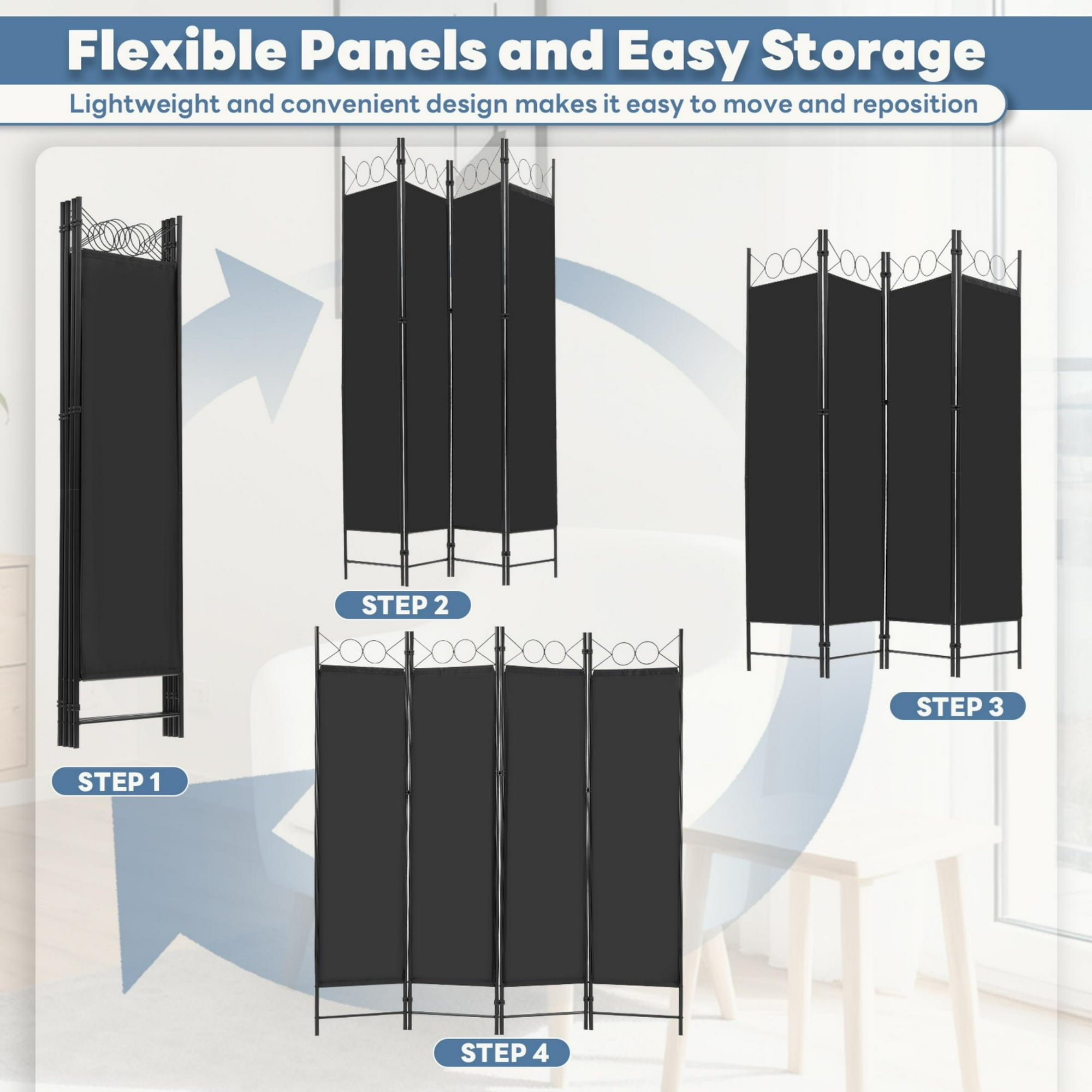 EDX 4 Panel Partition Room Divider, 6 Ft Tall Folding Privacy Screen with Steel Frame, Freestanding, Easy Move & Storage, For Home, Office, Bedroom, Black