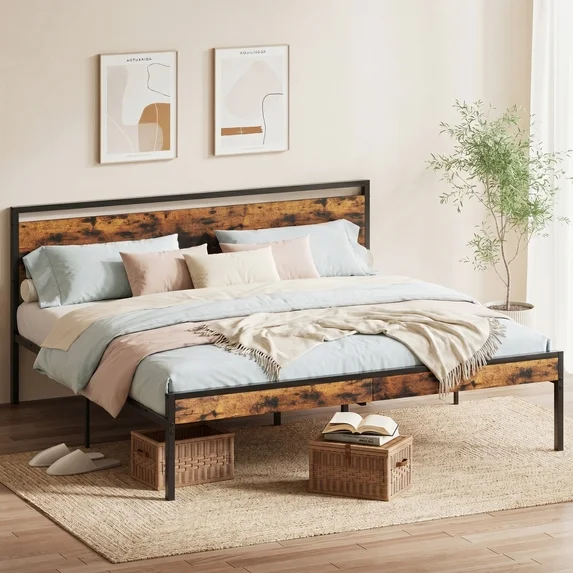 edx Bed Frame, Heavy Duty Metal Platform Bed with Wooden Headboard, 1000-LB Capacity, Under-Bed Storage, No Box Spring Needed