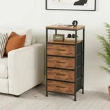 edx 3 Fabric Drawers Nightstand with Charging Station & USB/Type-C Ports and Outlets, Variable Light Strip Bedside End Table with Adjustable Feet for Bedroom, Rust Brown