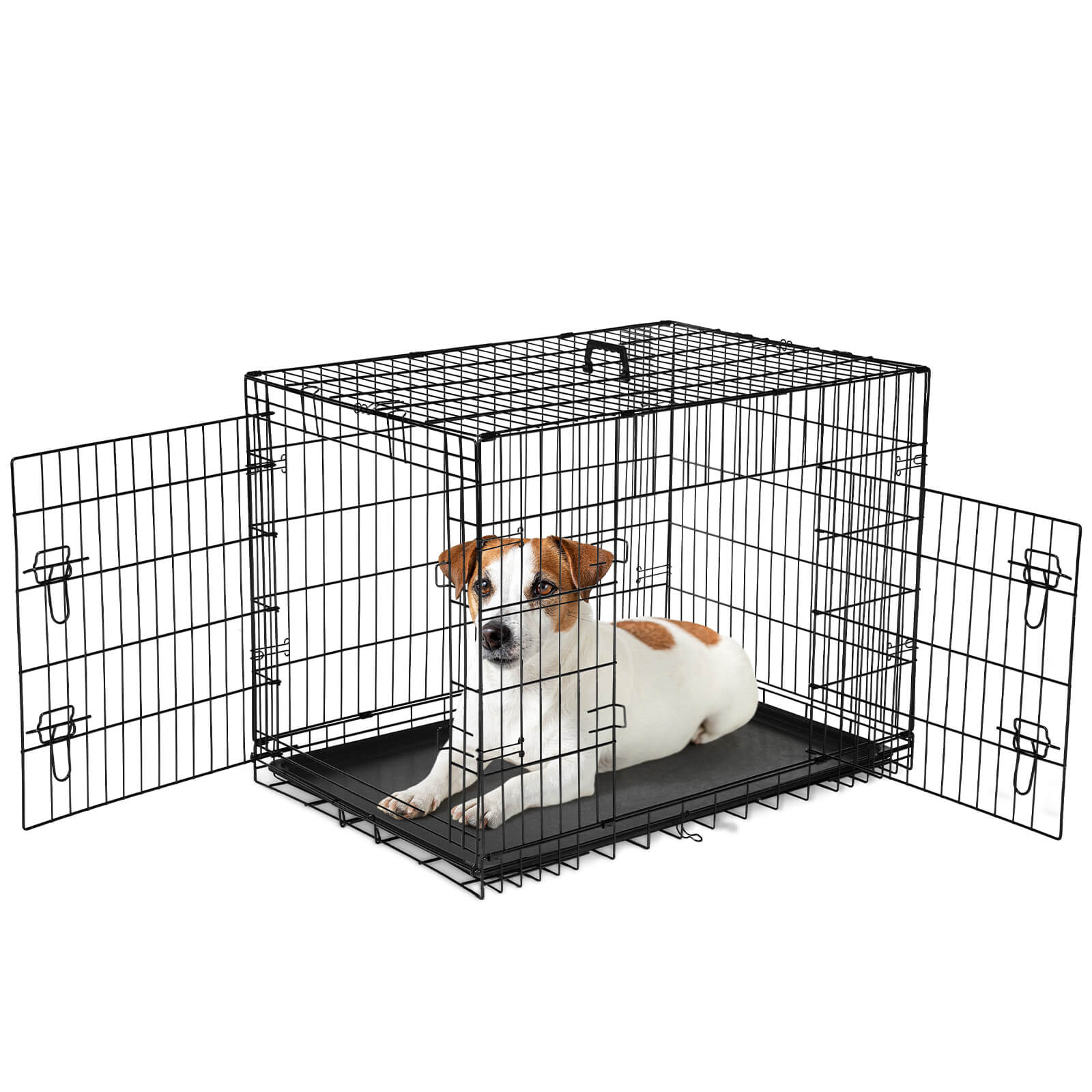 Mayoume Dog Crate-24/30/36/42/48 inch, Double Door Dog Cage with Divider Panel and Plastic Leak-Proof Pan Tray, foldable, easy to carry, suitable for indoor, outdoor, travel use