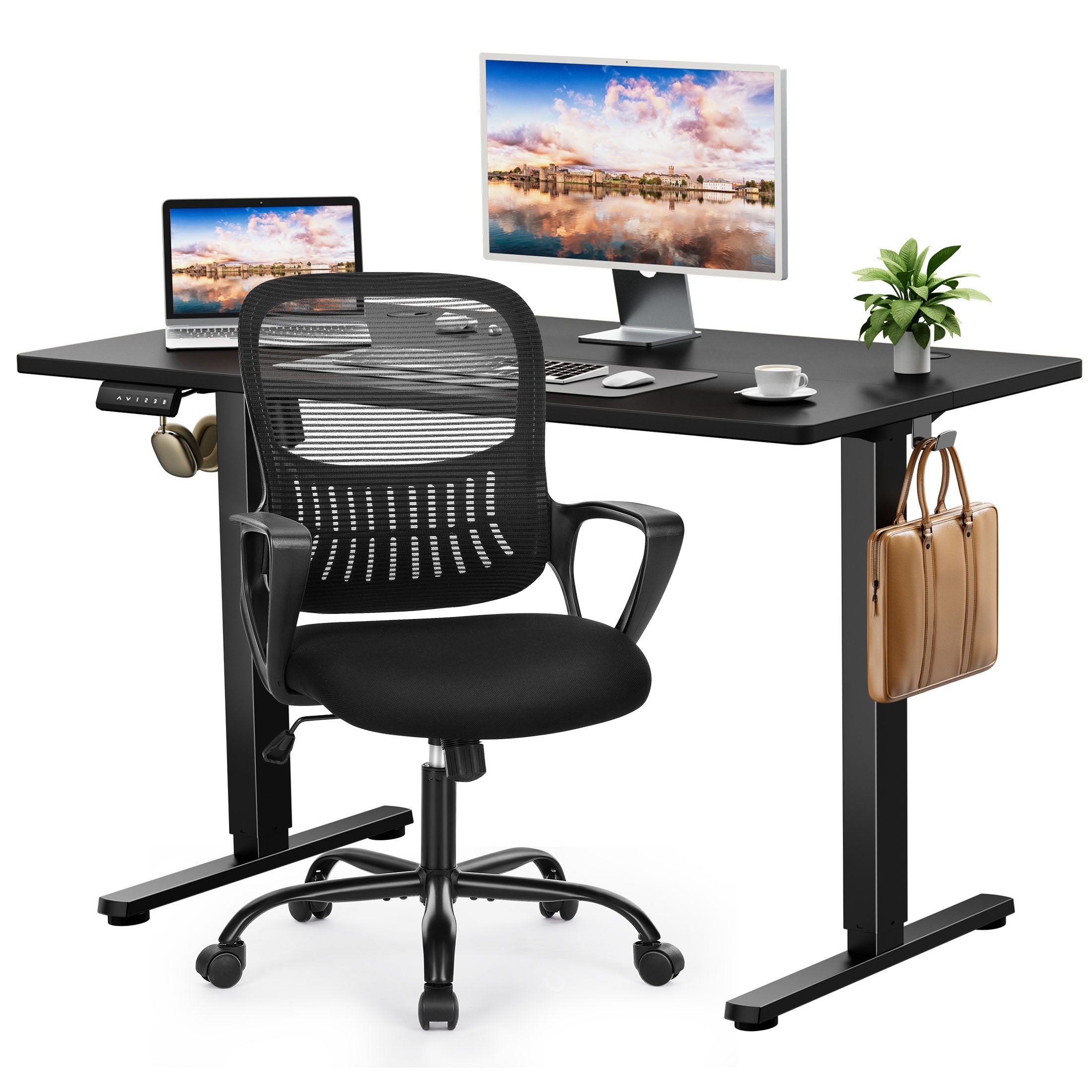 edx Electric Standing Desk & Computer Office Chair Set, Height Adjustable Desk & Desk Chair, Ergonomic Stand up Desk with Memory Preset for Home Office