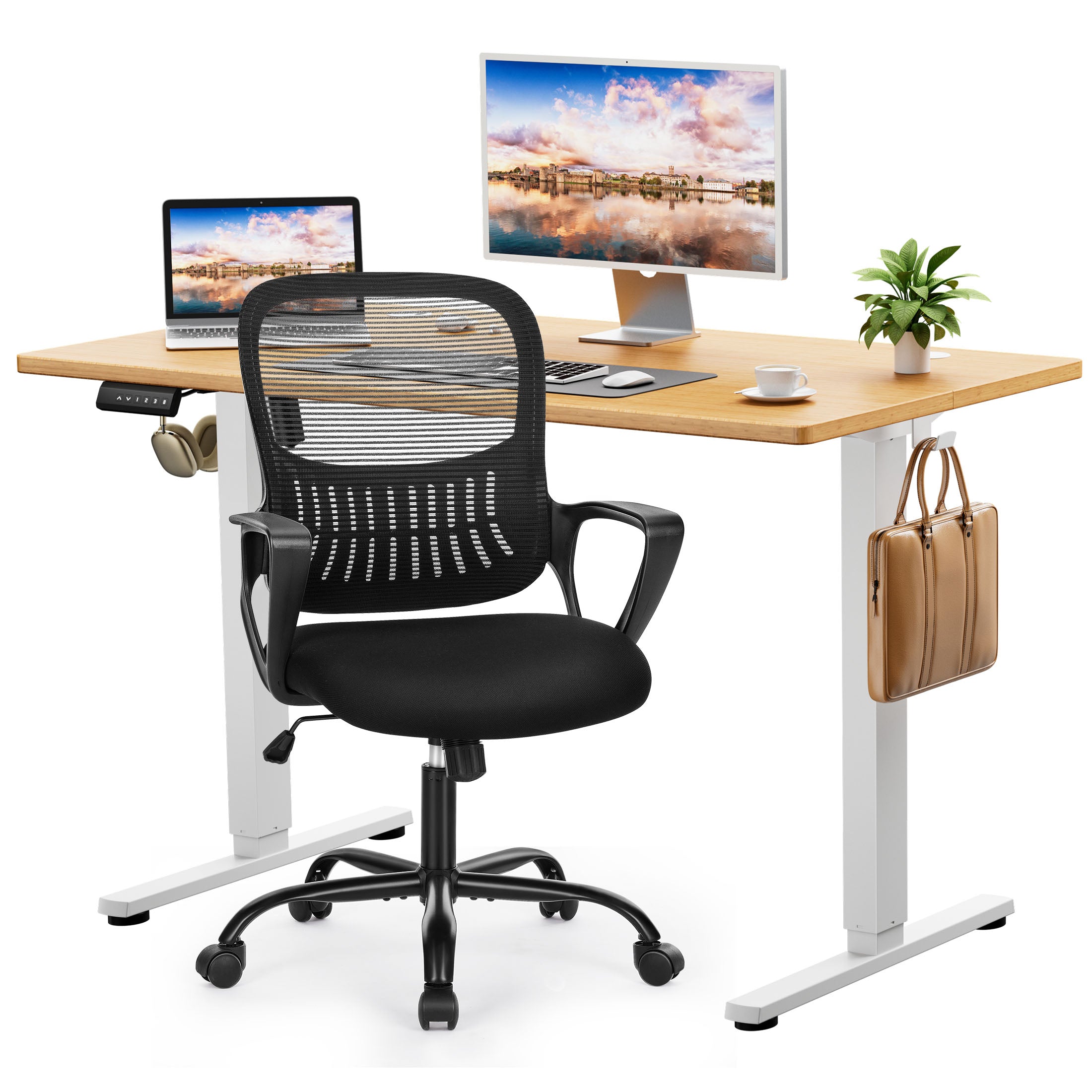 edx Electric Standing Desk & Computer Office Chair Set, Height Adjustable Desk & Desk Chair, Ergonomic Stand up Desk with Memory Preset for Home Office