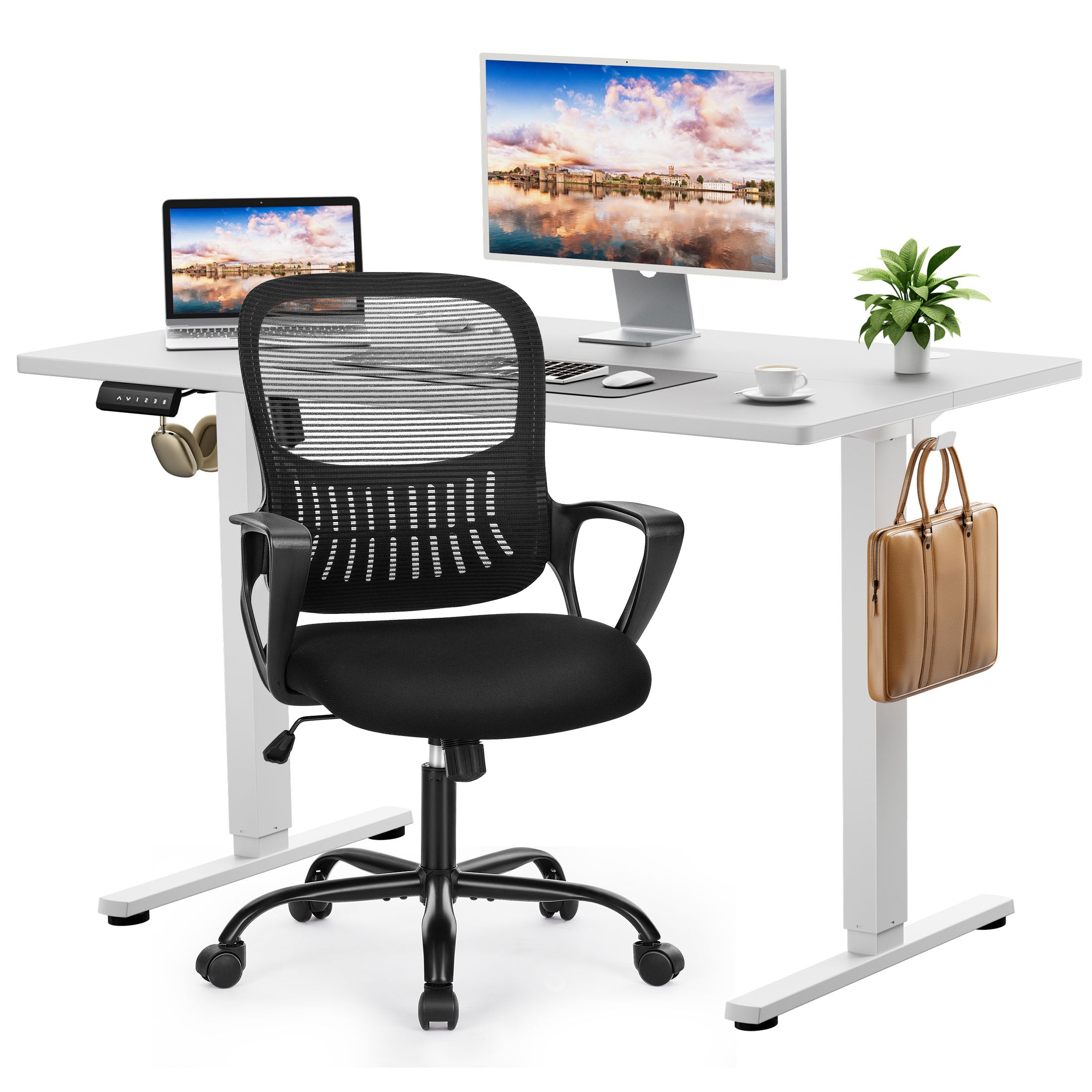 edx Electric Standing Desk & Computer Office Chair Set, Height Adjustable Desk & Desk Chair, Ergonomic Stand up Desk with Memory Preset for Home Office