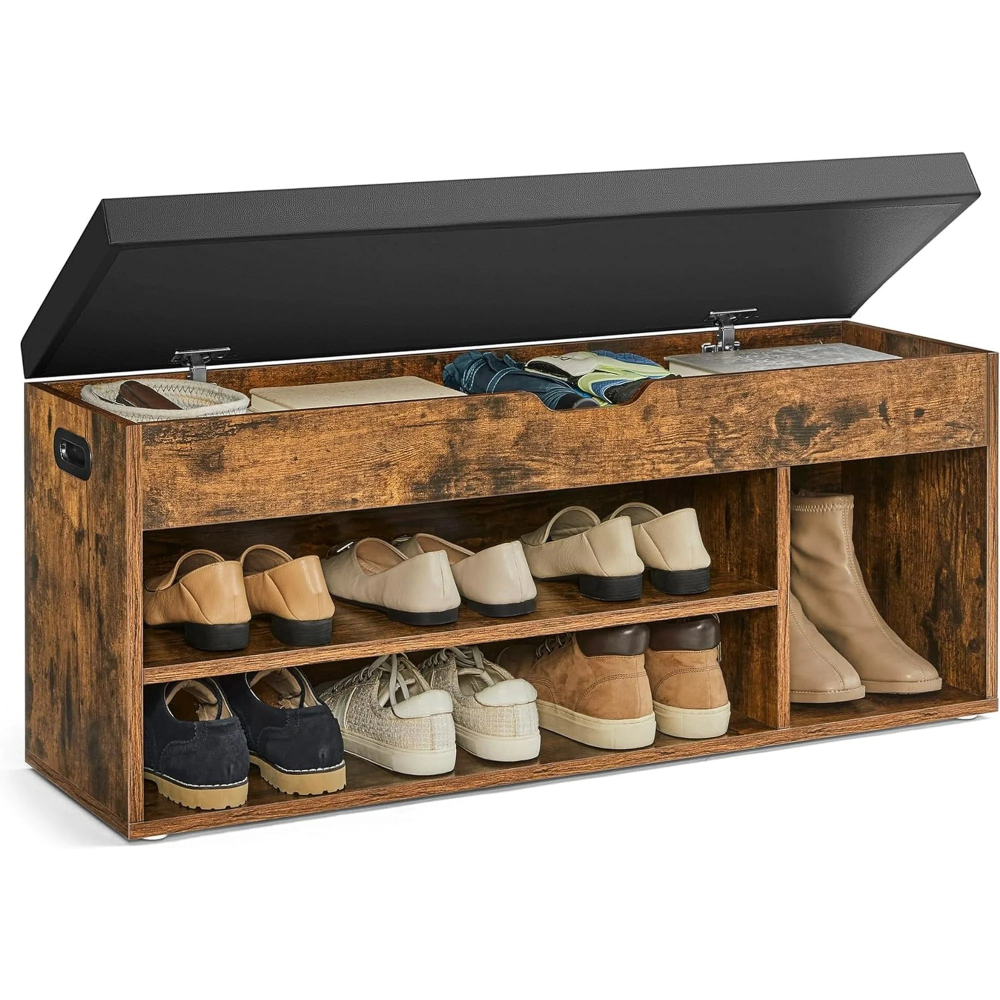 EDX Storage Bench with Cushion, Shoe Bench with Hidden Storage, 3 Compartments, Rust and Black